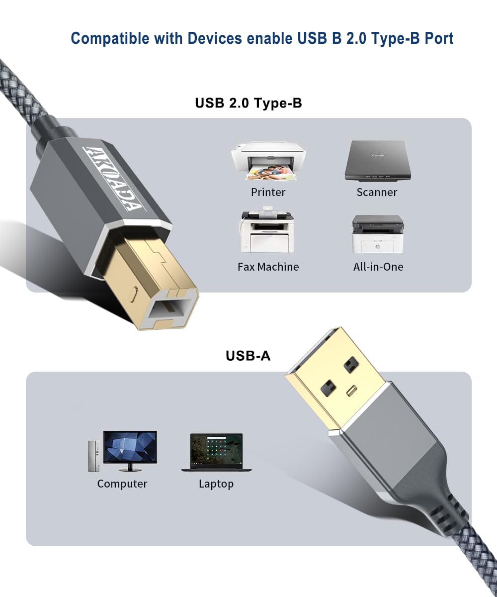 Thumbnail 6 de AkoaDa USB Druckerkabel 10ft – USB 2.0 B zu A Kabel für HP, Canon, Dell, Epson, Lexmark, Xerox u. a.