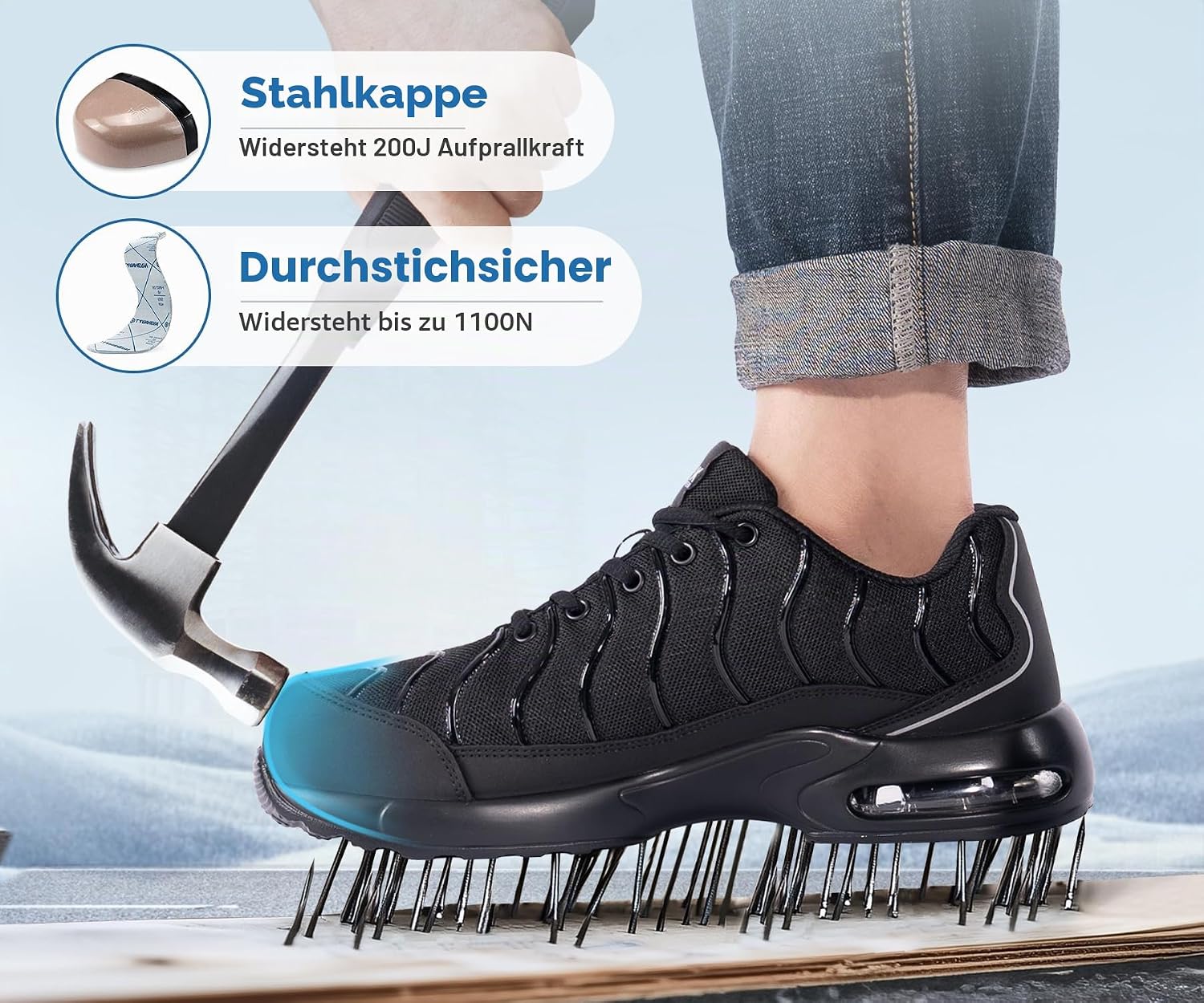 Detalle 2 de LARNMERN Arbeitsschuhe Unisex – leicht, breit/normal geschnitten, Stahlkappe, Stoßdämpfung, atmungsaktiv, Größe 35–51 EU