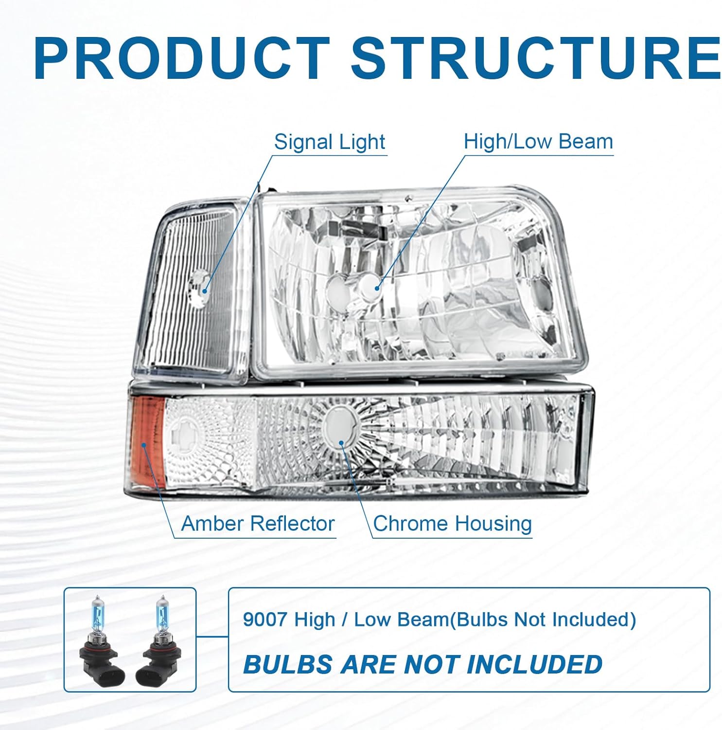 Thumbnail 2 de Fullux Headlights for 92-96 Ford F-Series & Bronco (Chrome Housing, Amber Reflector) — Replacement Assembly