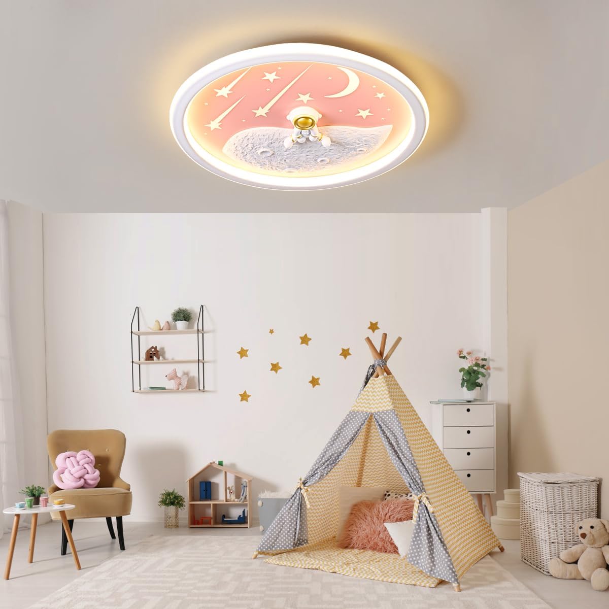 Detalle 2 de LED Kinder Deckenlampe Astronaut Mond – dimmbar, Fernbedienung, 50 cm Rosa