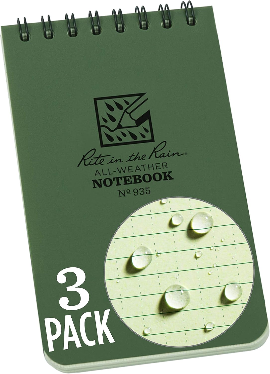 Detalle de Rite in the Rain No.935-3X 耐候性トップスパイラルノート 3インチ×5インチ・グリーンカバー 3冊セット