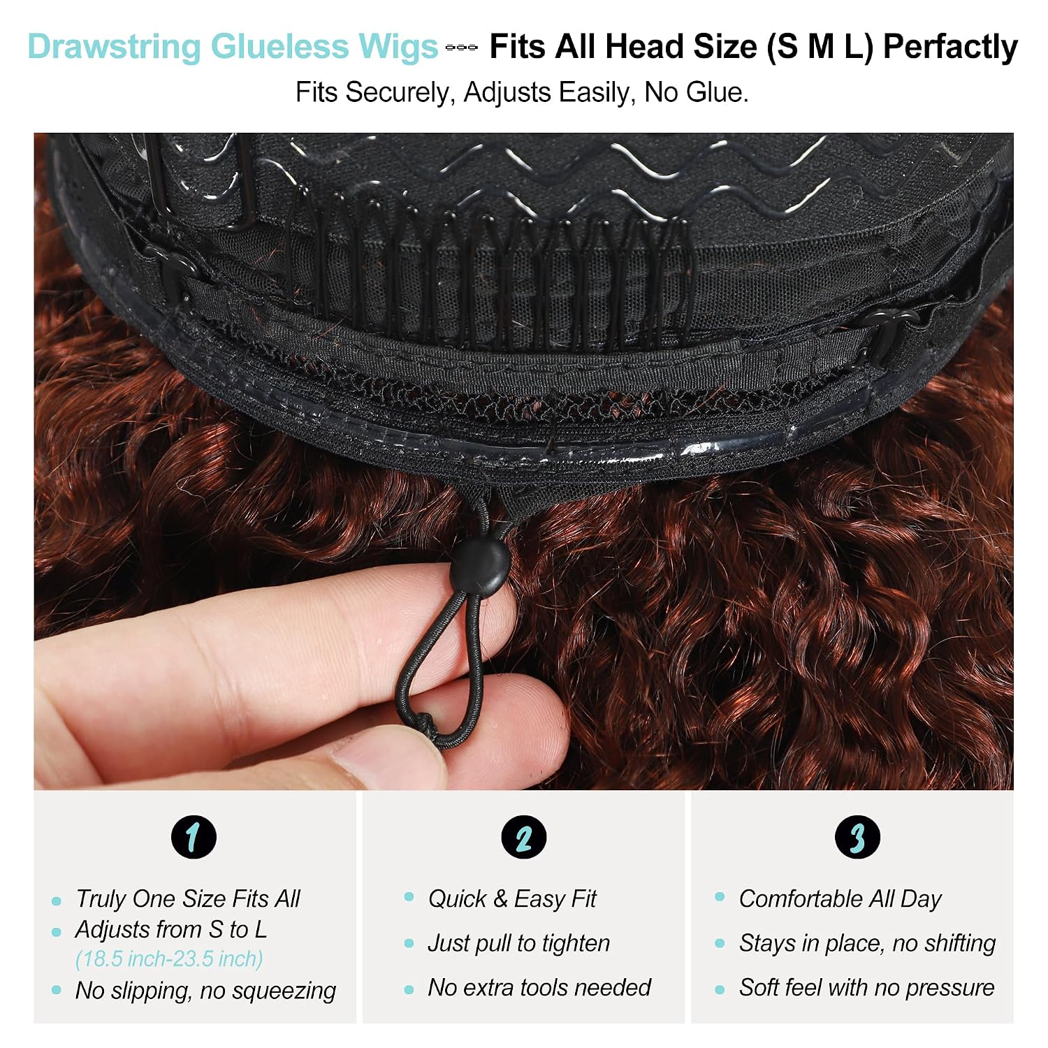 Detalle de Reddish Brown Drawstring Burmese Curly Wig: 22" 13x6 HD Lace Front, 250 Density, Virgin Human Hair