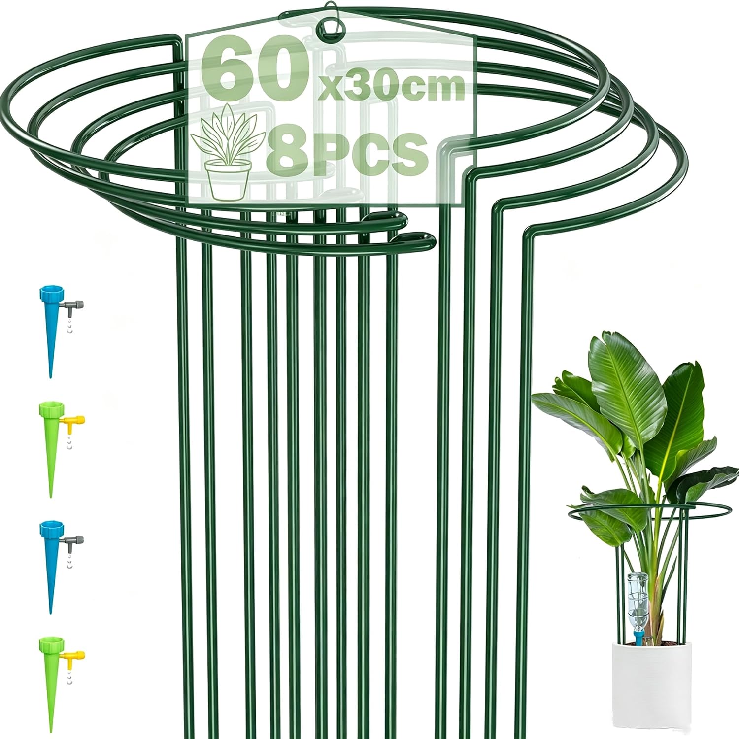 Detalle de LyTaispuly 8 PCS 60cm High Plant Support Stakes – Strong Green Half-Round Rings with Self-Watering Spikes