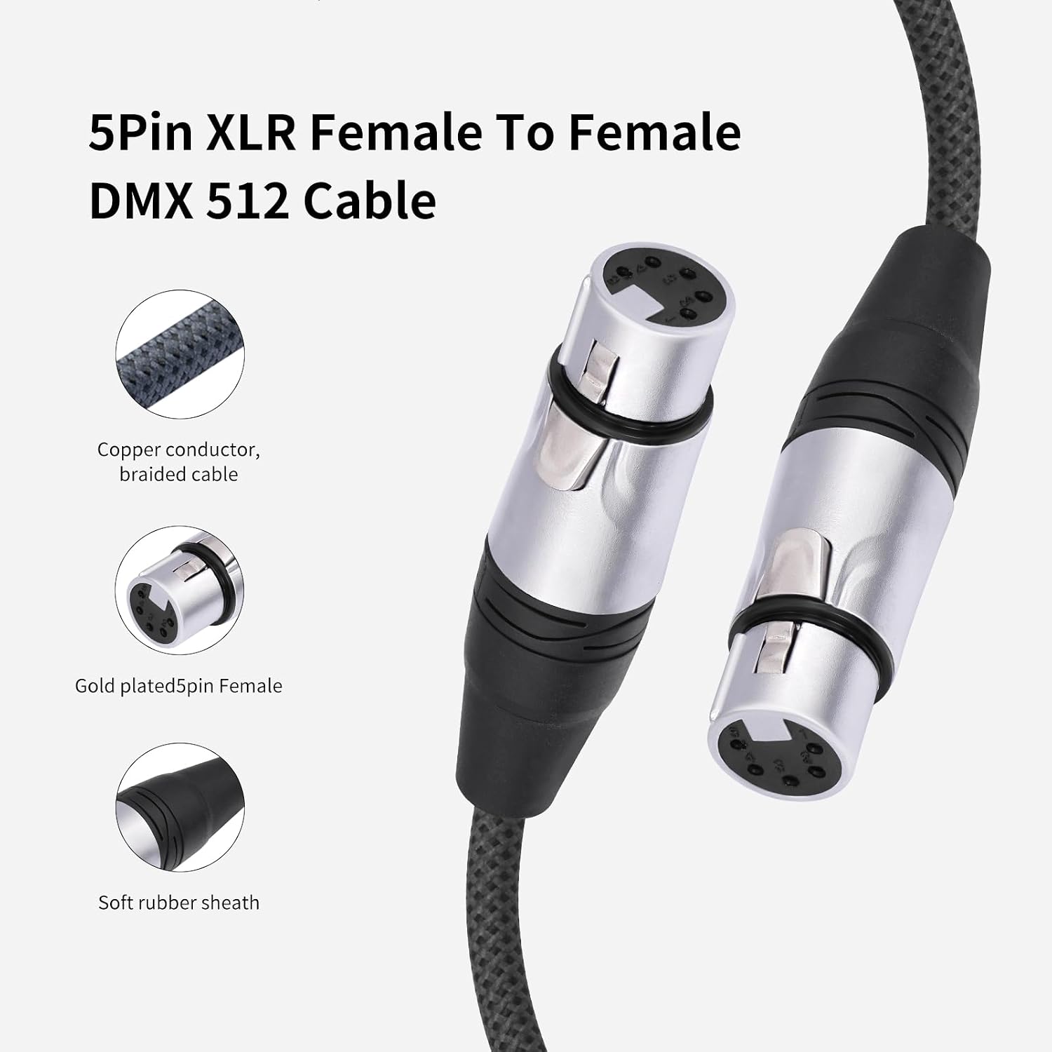 Detalle de HUALEU GY5FF-180 5-Pin DMX512 XLR Cable, 6 ft, 2-Pack