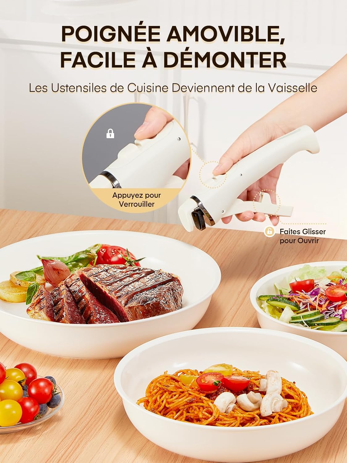 Thumbnail 4 de FOHERE lot de 3 poêles 20/24/28 cm avec poignée amovible (induction, céramique, passe au four)