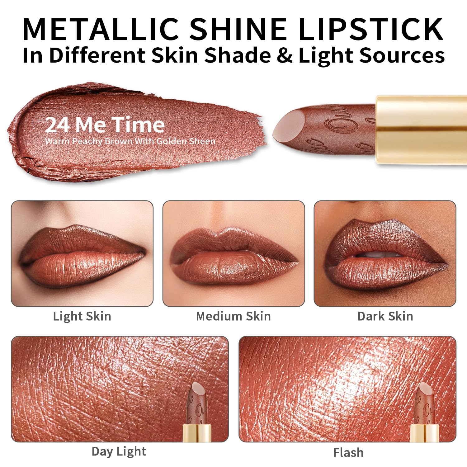 Detalle de OULAC Lippenstift Metallic Glanz Finish „Me Time“ (24) – brauner Glitzer-Lippenstift mit 3D-Glanz, vegan
