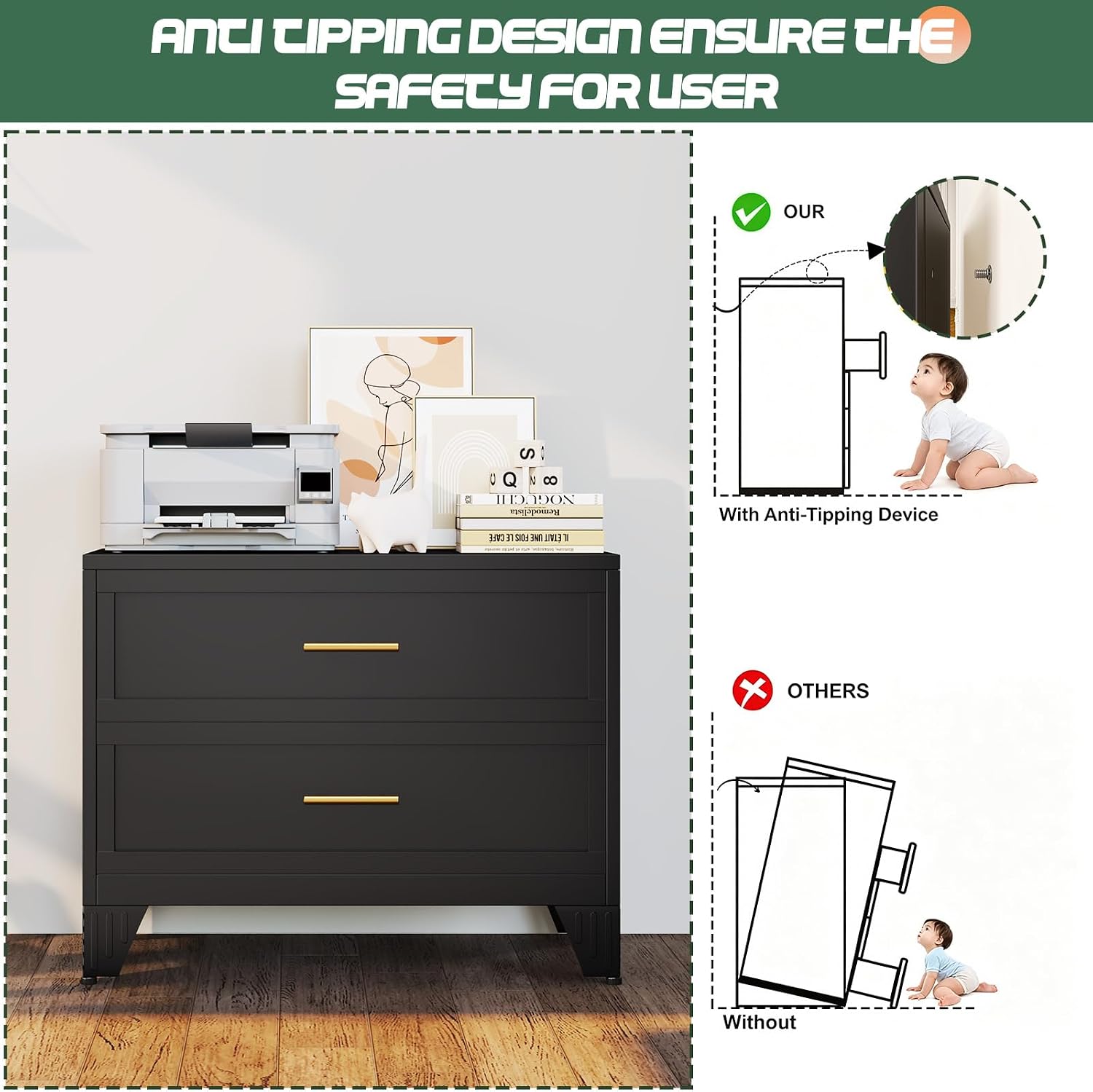 Thumbnail 5 de risuoge 998542 2-Drawer Metal File Cabinet, Black, with Wide Printer Stand Top