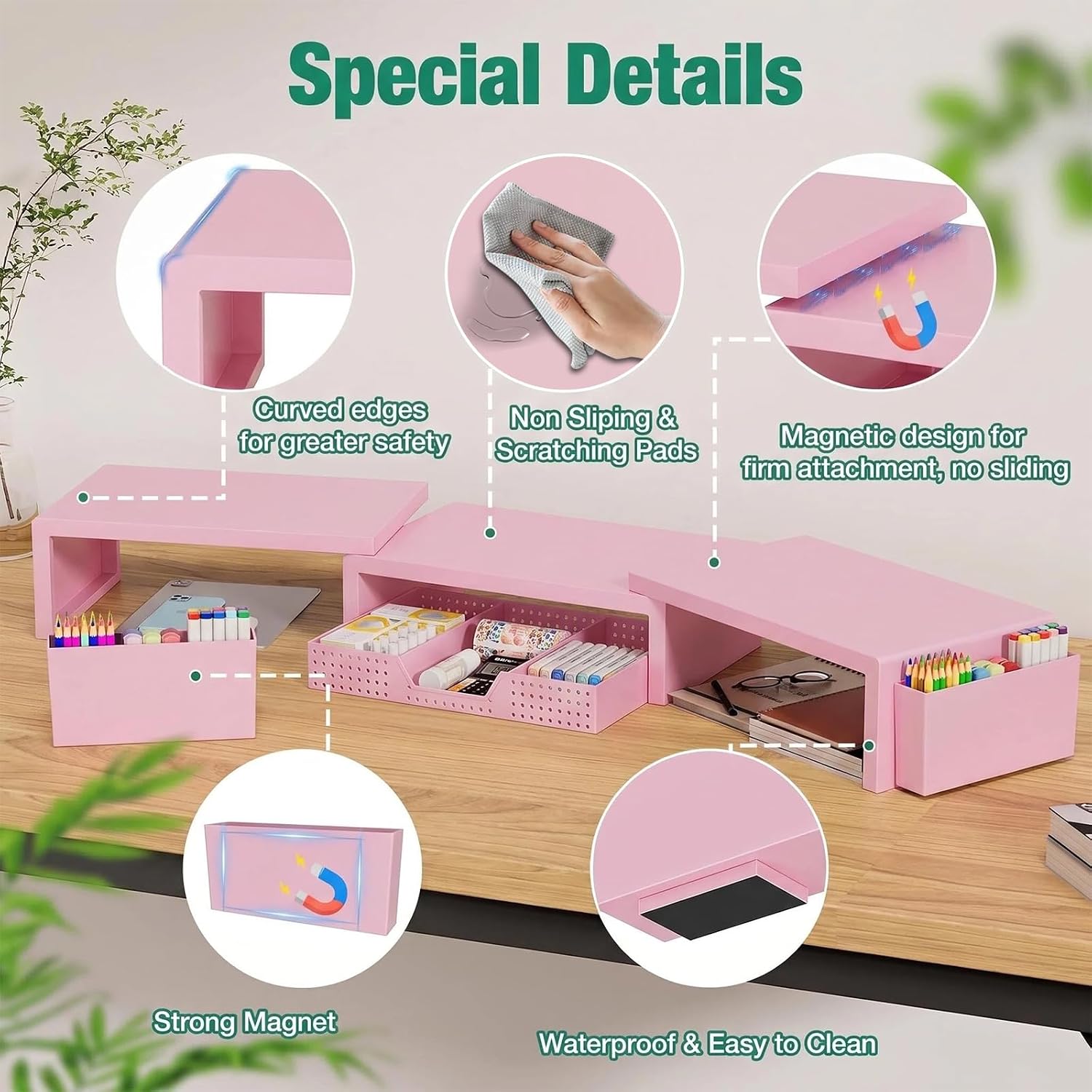 Detalle de OPNICE Pink Monitor Stand Riser with Drawer and 2 Magnetic Pen Holders