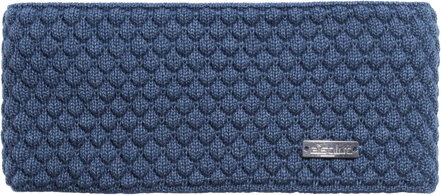 Detalle de Eisglut Stirnband Minal Merino in Oliv: warm, weich und mit dezentem Emblem