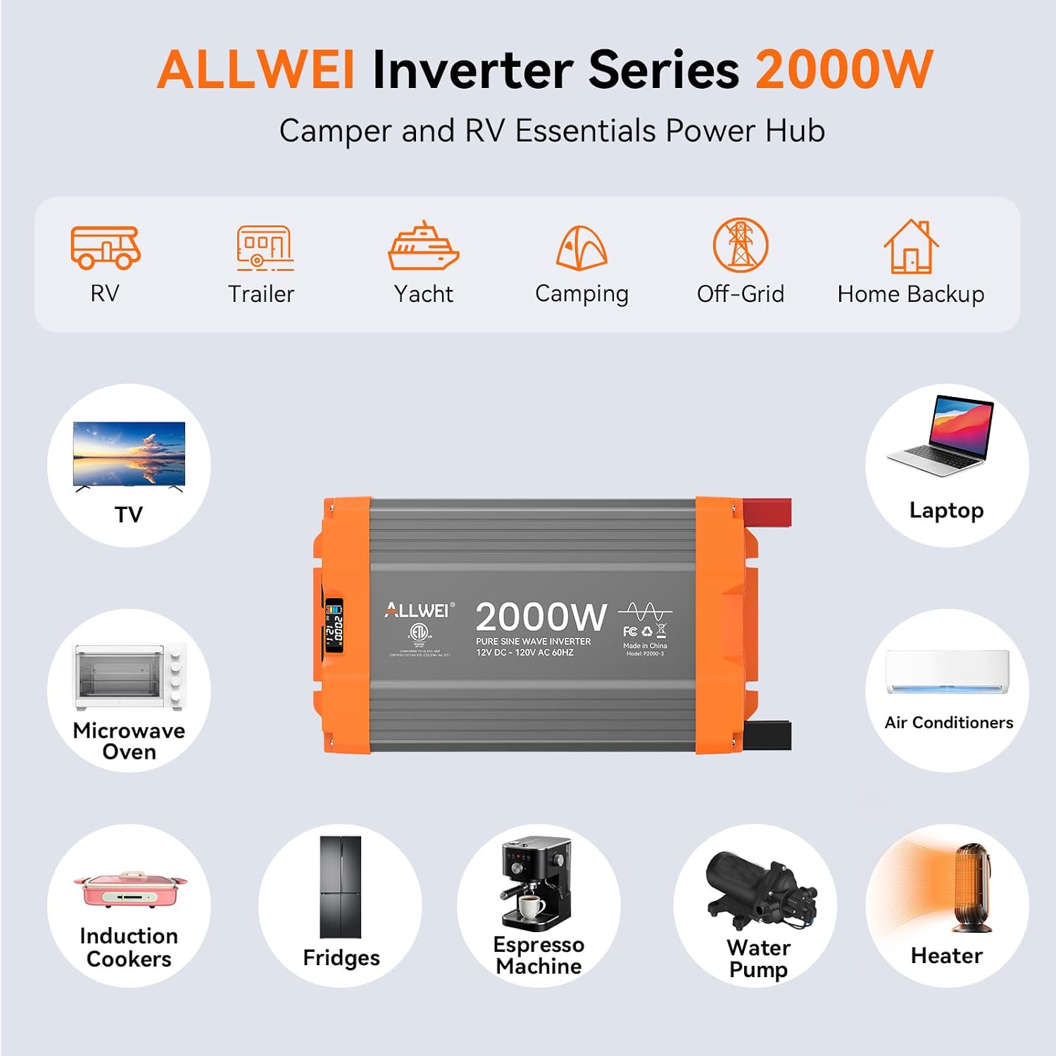Detalle de ALLWEI 2000W Pure Sine Wave Inverter: 12V DC to 120V AC, 4000W Surge, Remote Control