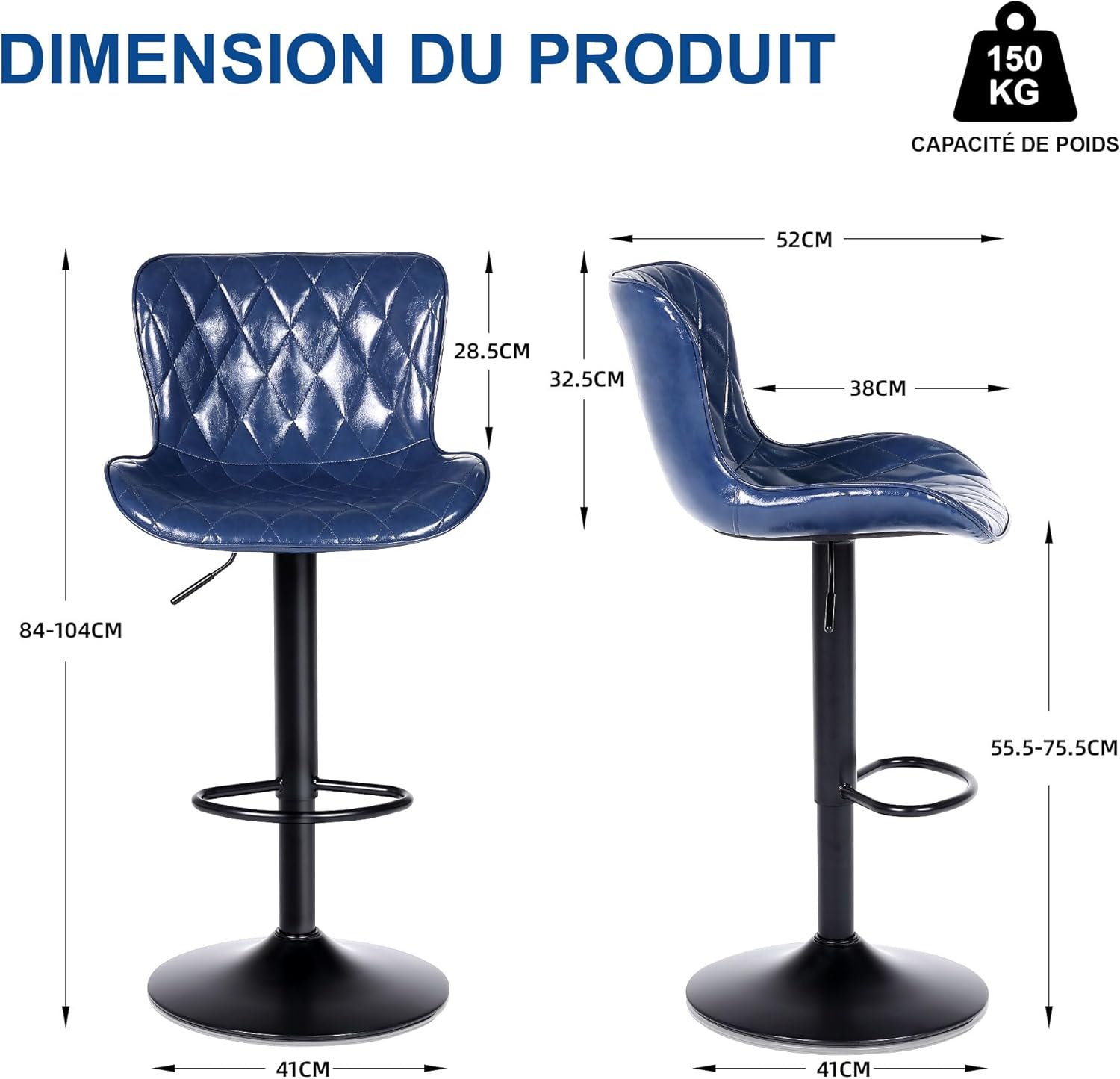 Detalle de Youhauchair Tabouret Bar Lot de 2 en Cuir Imperméable – Hauteur Réglable, Pivotants, Dossier et Repose-Pieds, Bleu