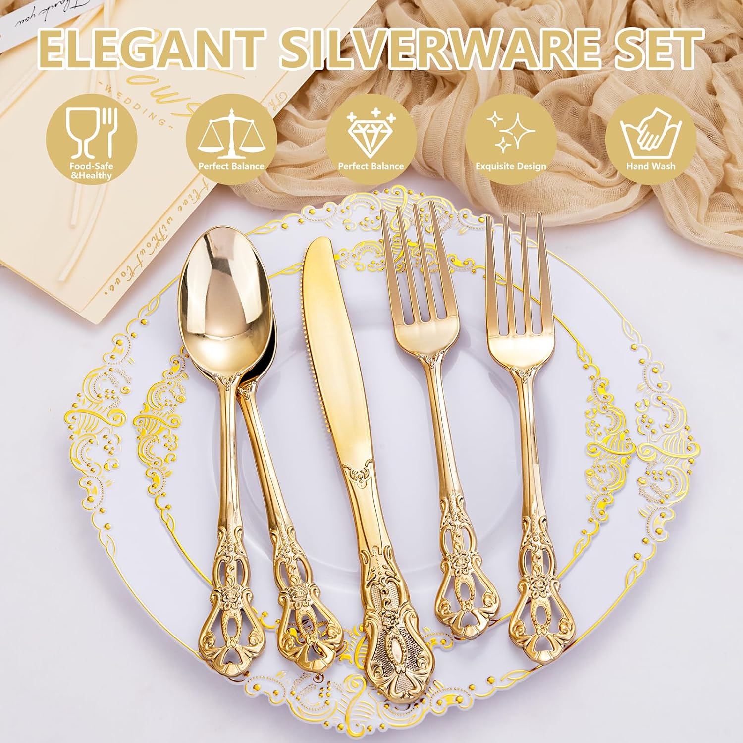Thumbnail 6 de Joyido 300Pieces Gold Plastic Silverware Set (100 forks, 100 spoons, 100 knives) – Heavy-Duty, Vintage Gold Disposable Cutlery for Dinner Parties