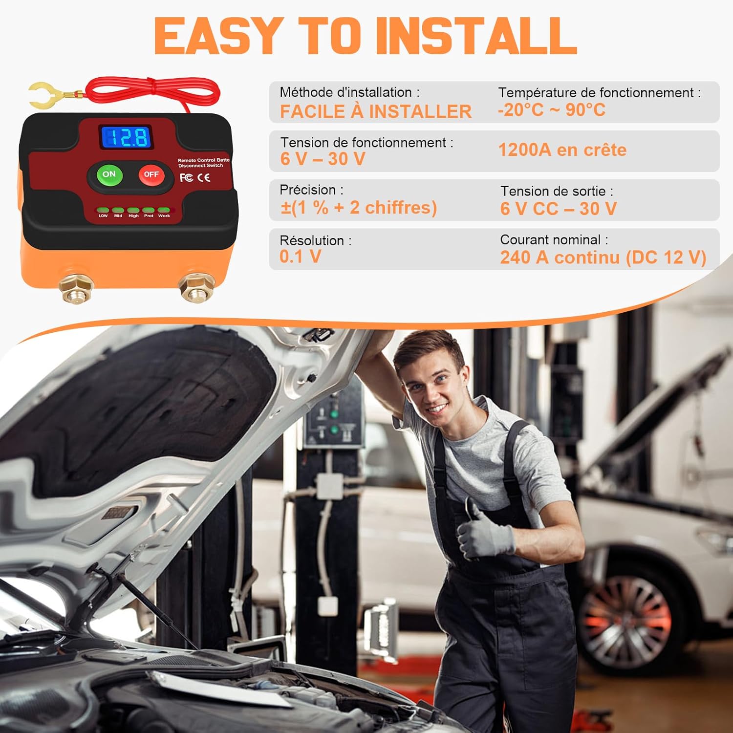 Detalle 2 de Coupe-circuit batterie 12V sans fil avec affichage LED et télécommande – Red