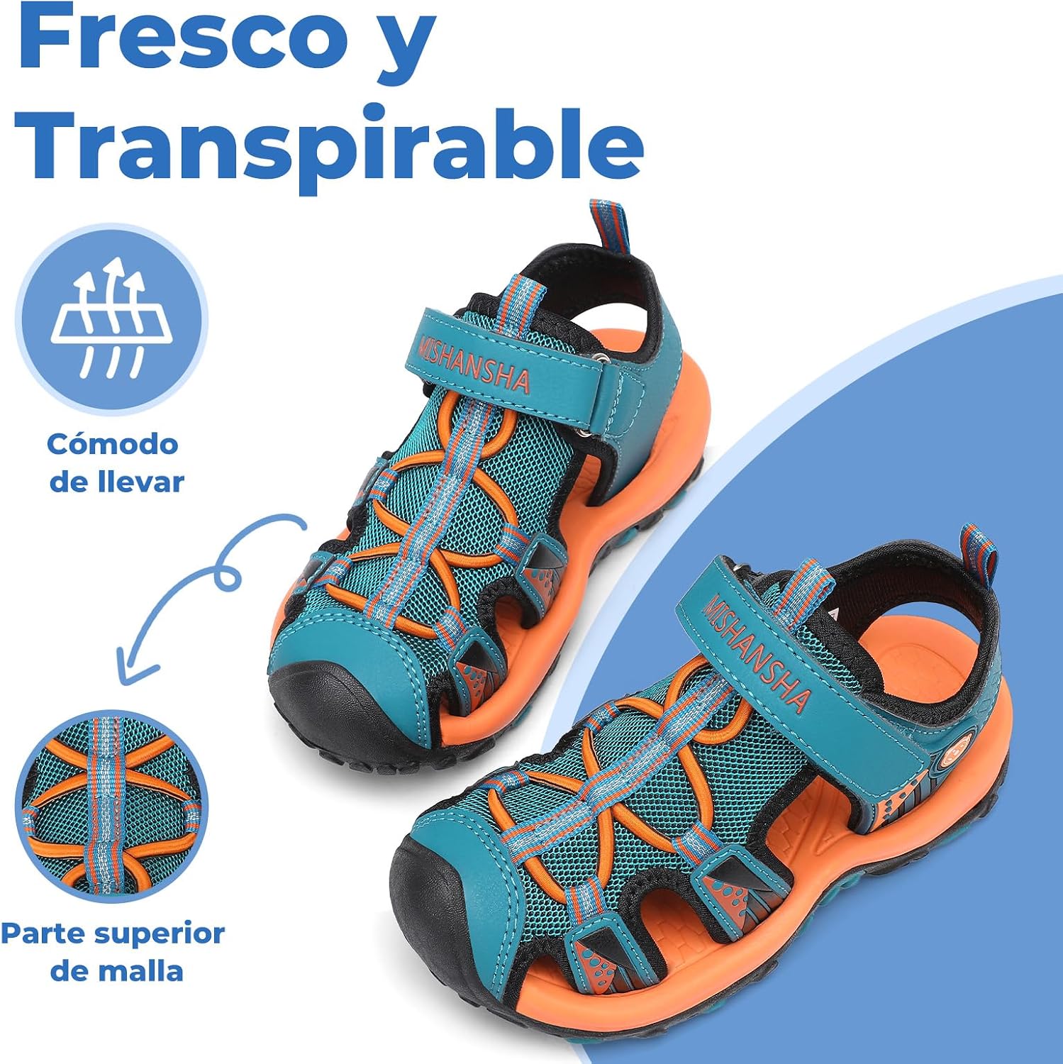 Detalle de Mishansha Sandalias de Verano para Niños con Puntera Cerrada: confortables y resistentes para actividades al aire libre (Azul, 35)