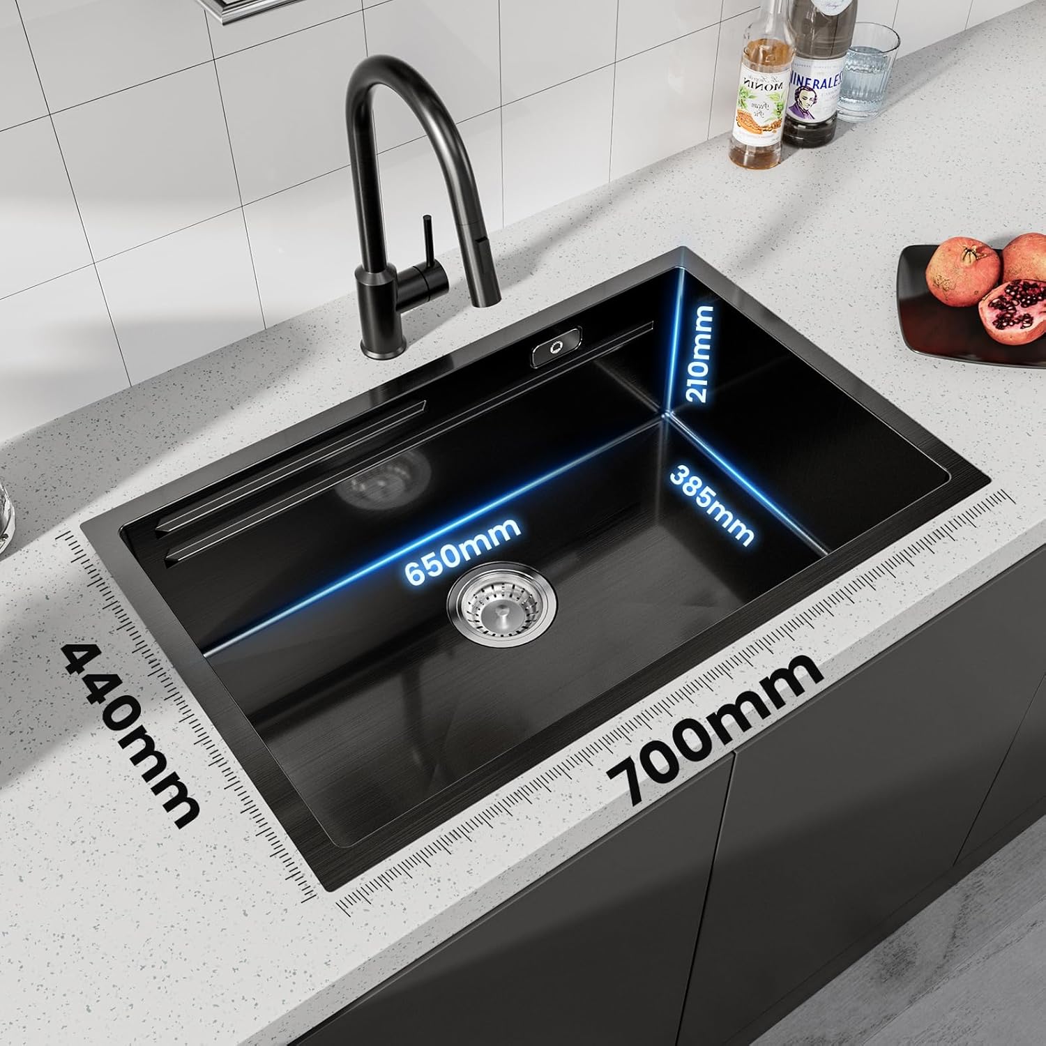 Thumbnail 5 de CECIPA Lavello nero 70 x 44 cm in acciaio inox con tagliere e accessori — set 3 in 1
