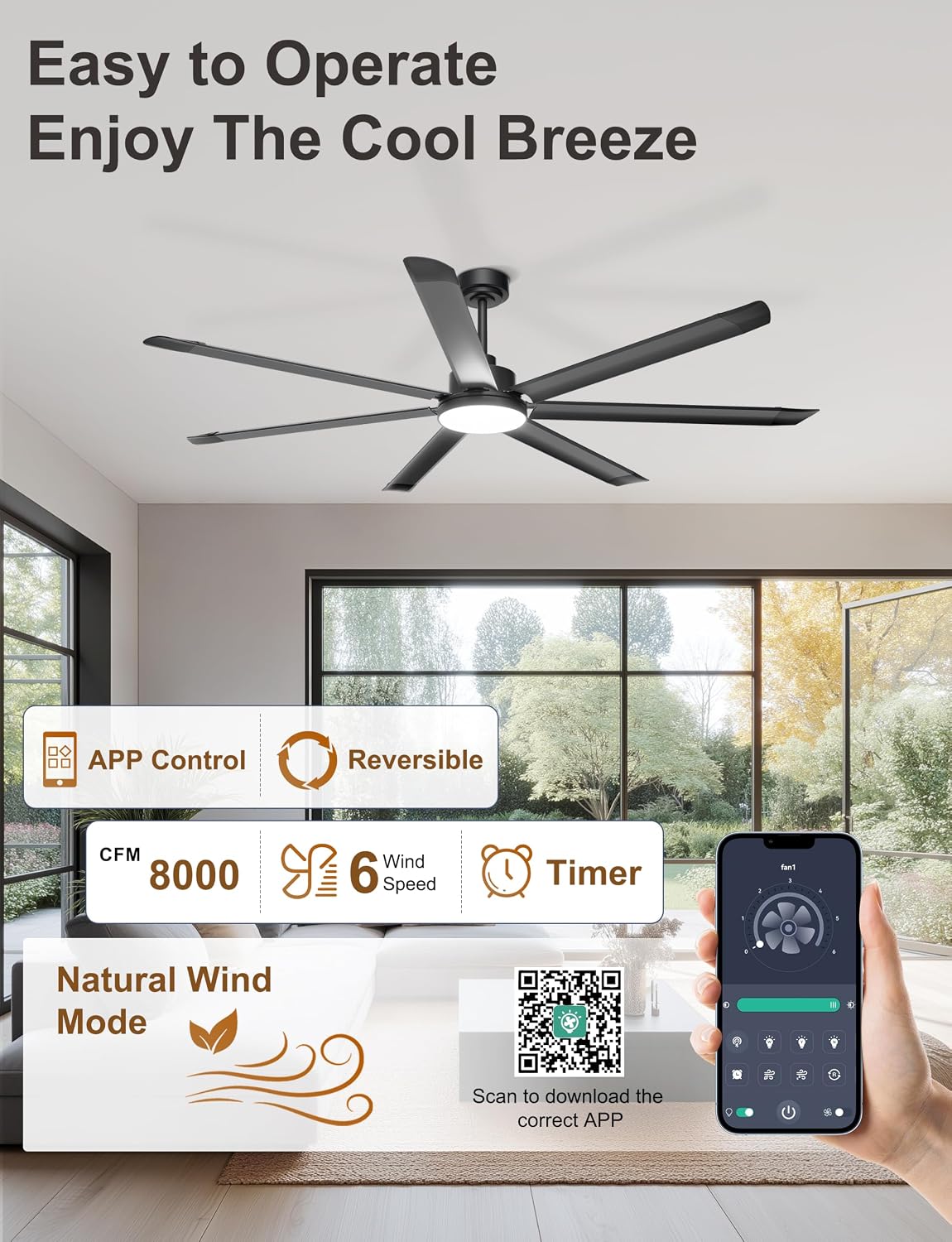 Detalle 1 de Ohniyou GLX121 72-Inch Industrial Ceiling Fan with Light, 7 Blades, App Control