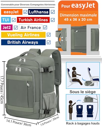 Detalle 2 de KLOSTAIN Sac à Dos Voyage Cabine Avion 45x36x20 cm – 30 L, 14" + Compartiment sécurisé, Vert