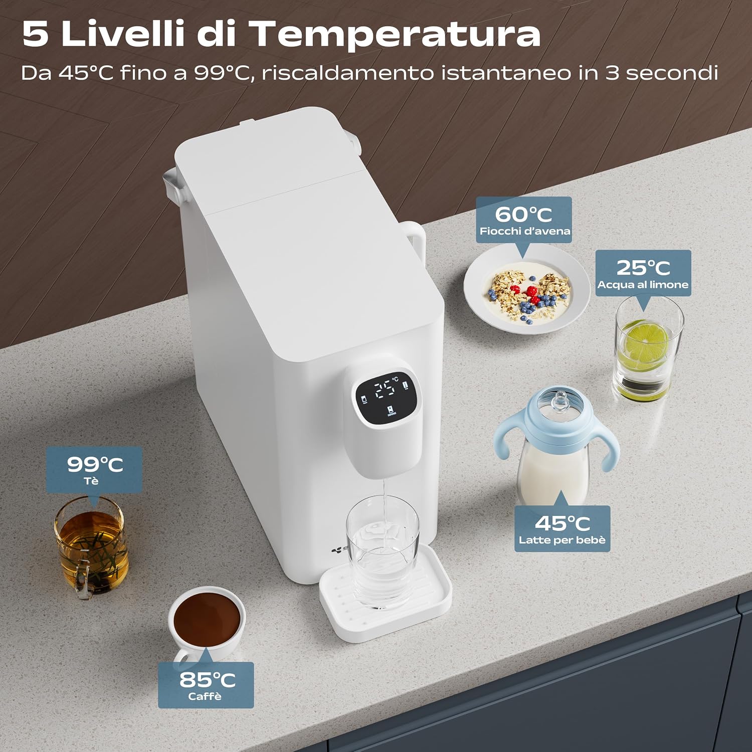 Detalle 2 de CIARRA X SusGreenable depuratore da tavolo a osmosi inversa con acqua calda istantanea in 3 secondi e display TDS