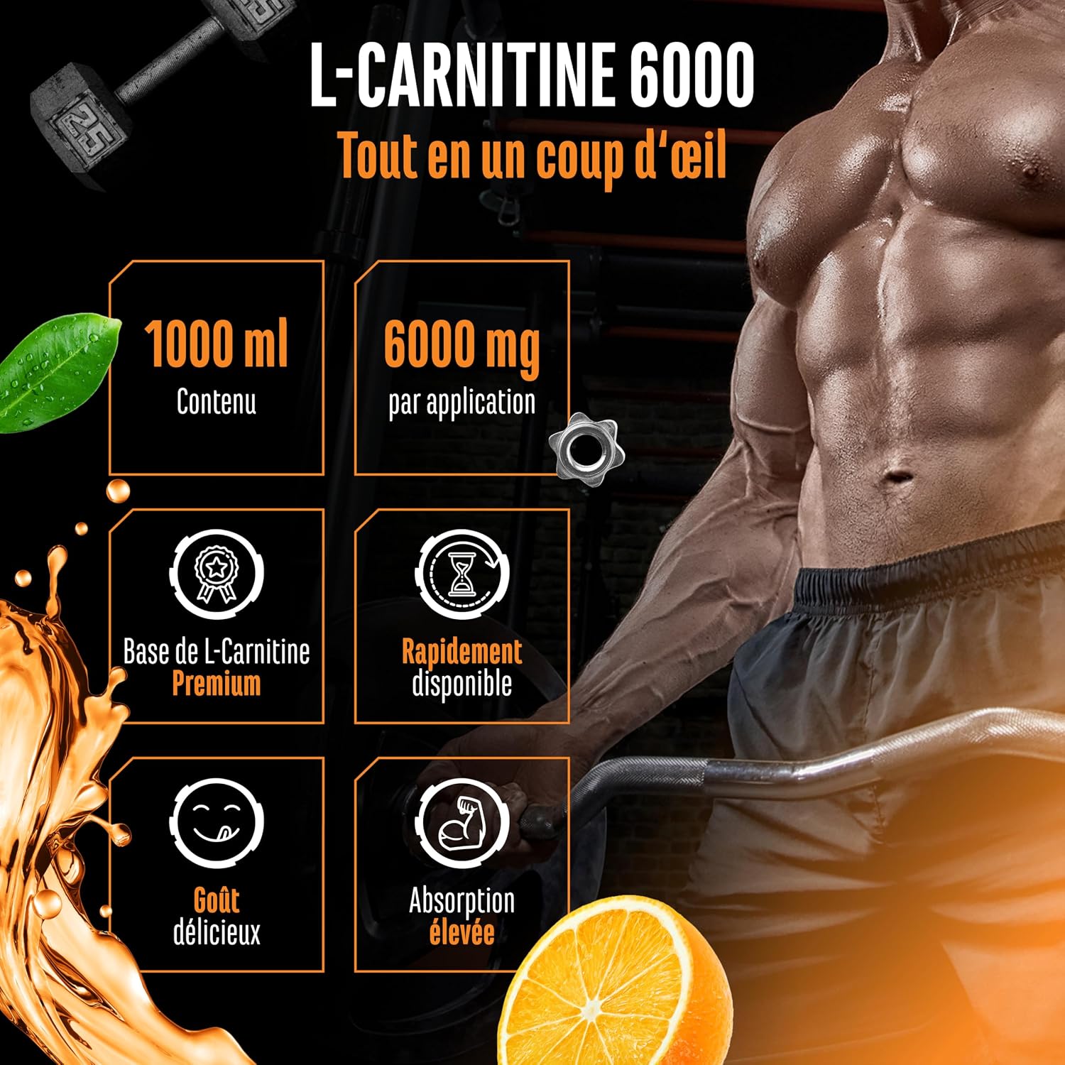 Detalle 2 de L-Carnitine 6000 Liquid 1000 ml goût Orange Power