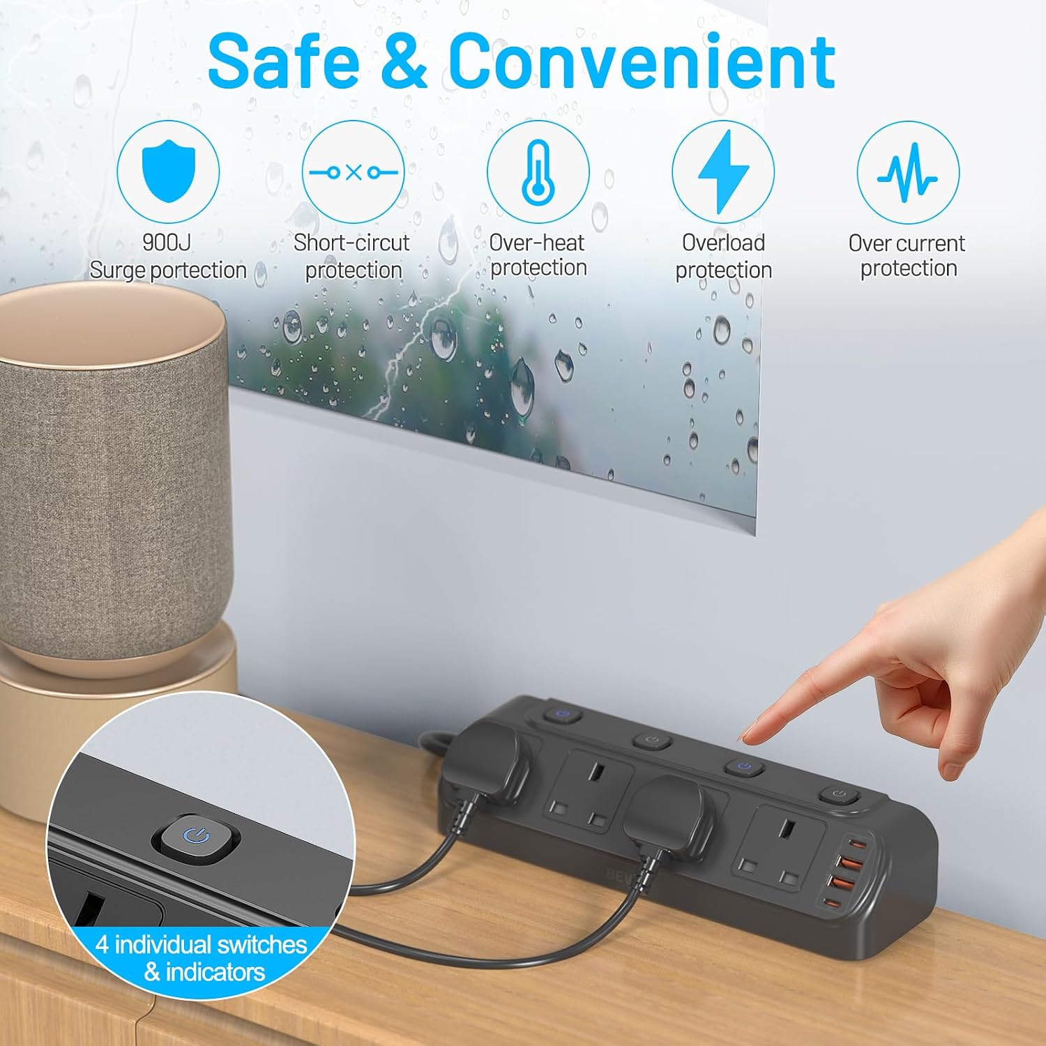 Detalle de BEVA Desk Extension Lead 1.8m: 4-way switched extension socket with PD20W USB charging