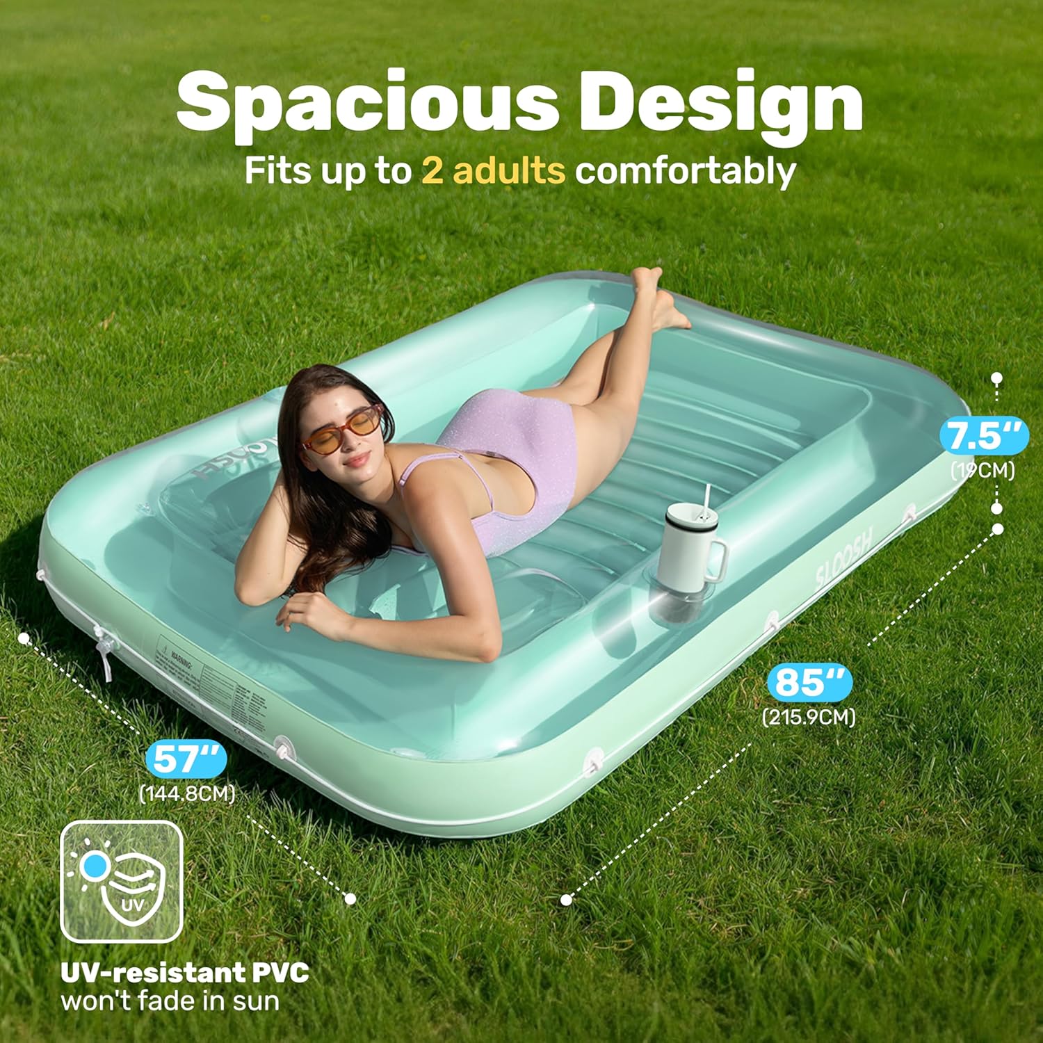 Thumbnail 1 de SLOOSH Inflatable Tanning Pool Lounger Float (85" x 57") with Pillow, 4-in-1 Sunbathing Raft Floatie – XL-Cyan