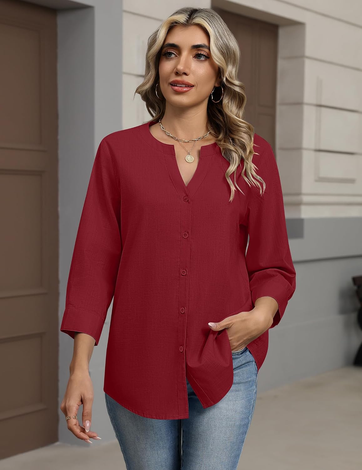 Detalle de Zeagoo Women’s Linen-Cotton Button-Down 3/4 Sleeve Top