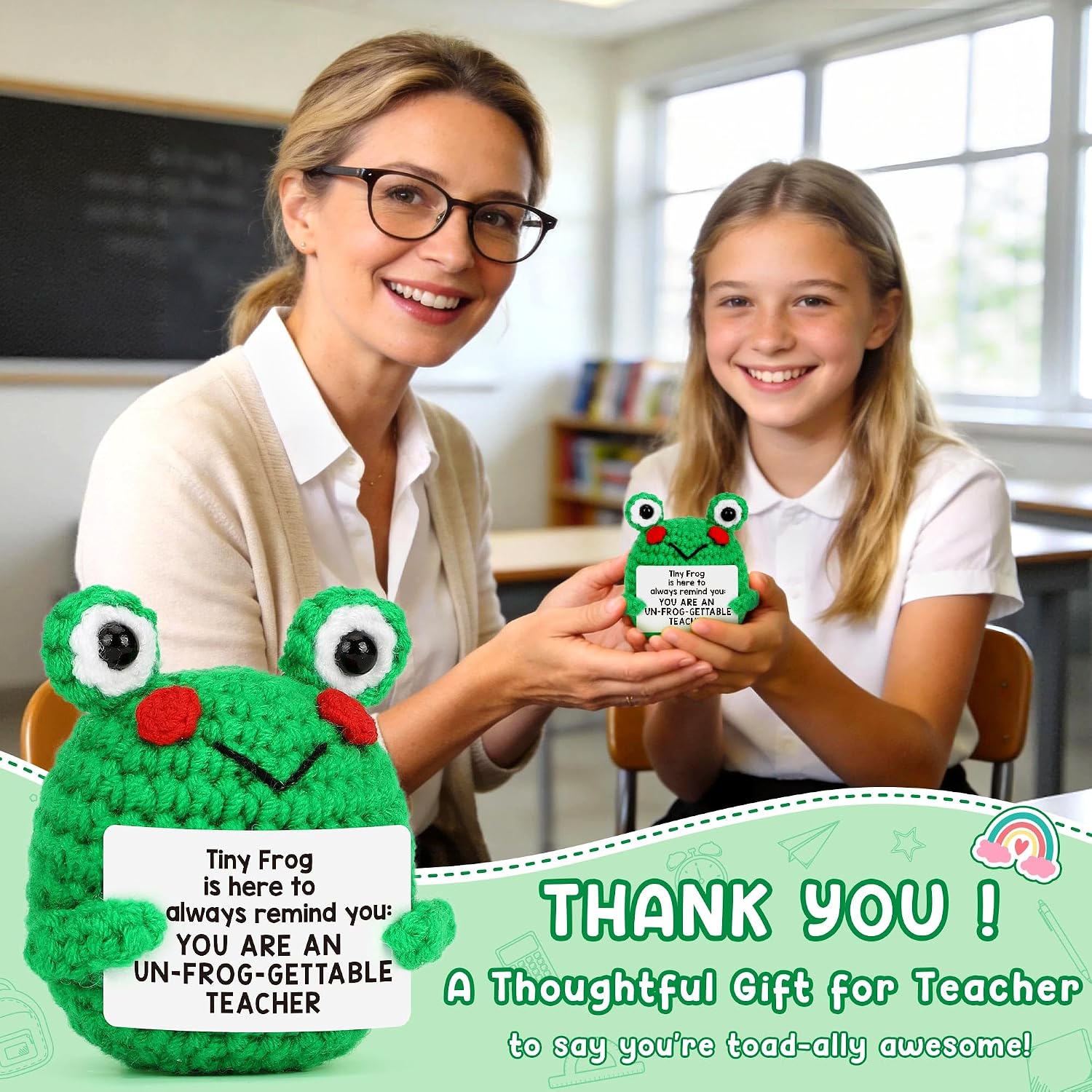 Thumbnail 2 de Teacher Appreciation Gift: Handmade Crochet Frog with Encouragement Card