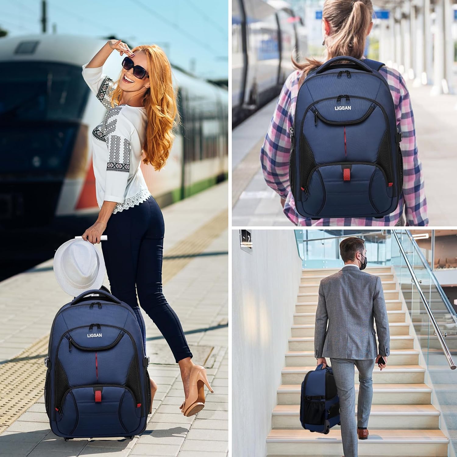 Detalle de Travel Backpack with Wheels for Men and Women — 17.3in Laptop, 45L Capacity