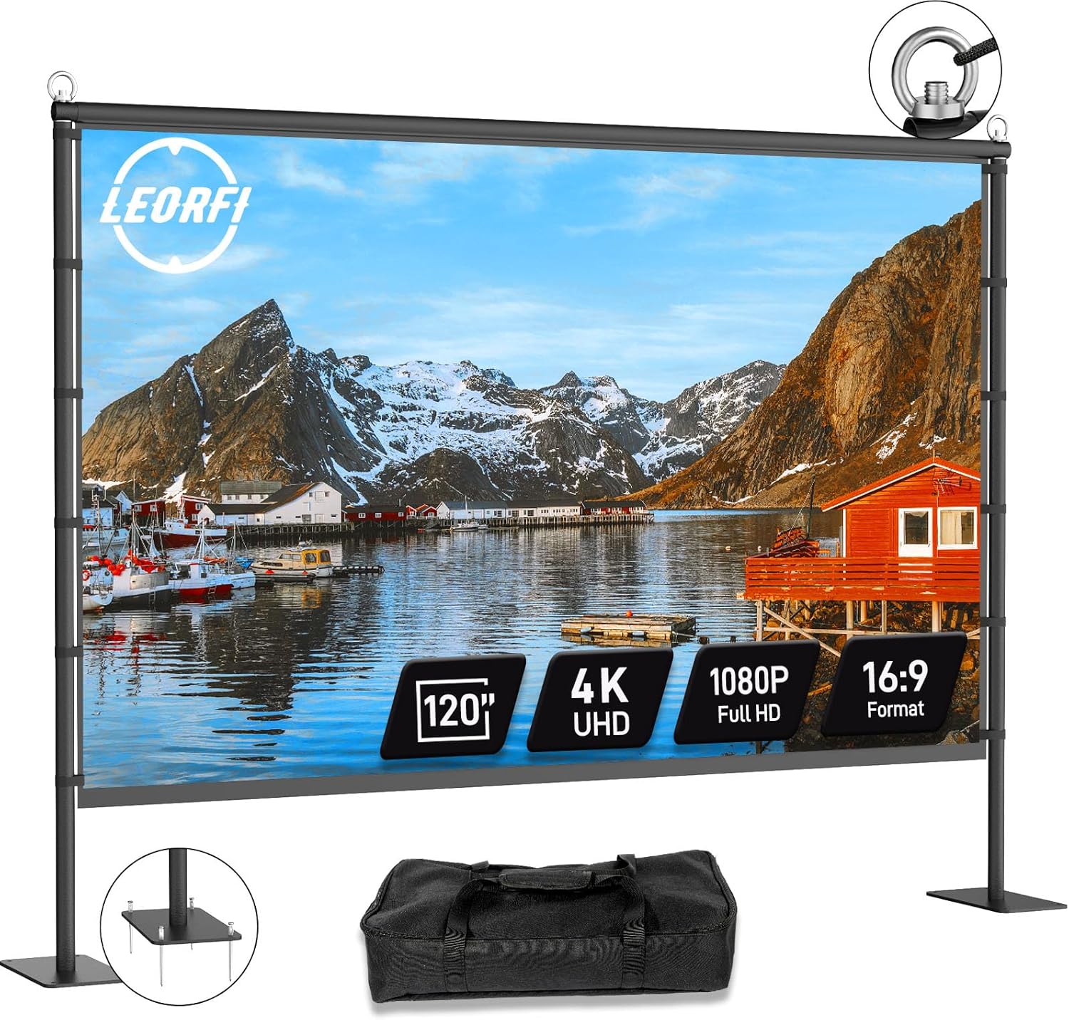 LEORFI Outdoor-Beamer-Leinwand mit Ständer, 120 Zoll, faltbar (Front-/Rückprojektion)