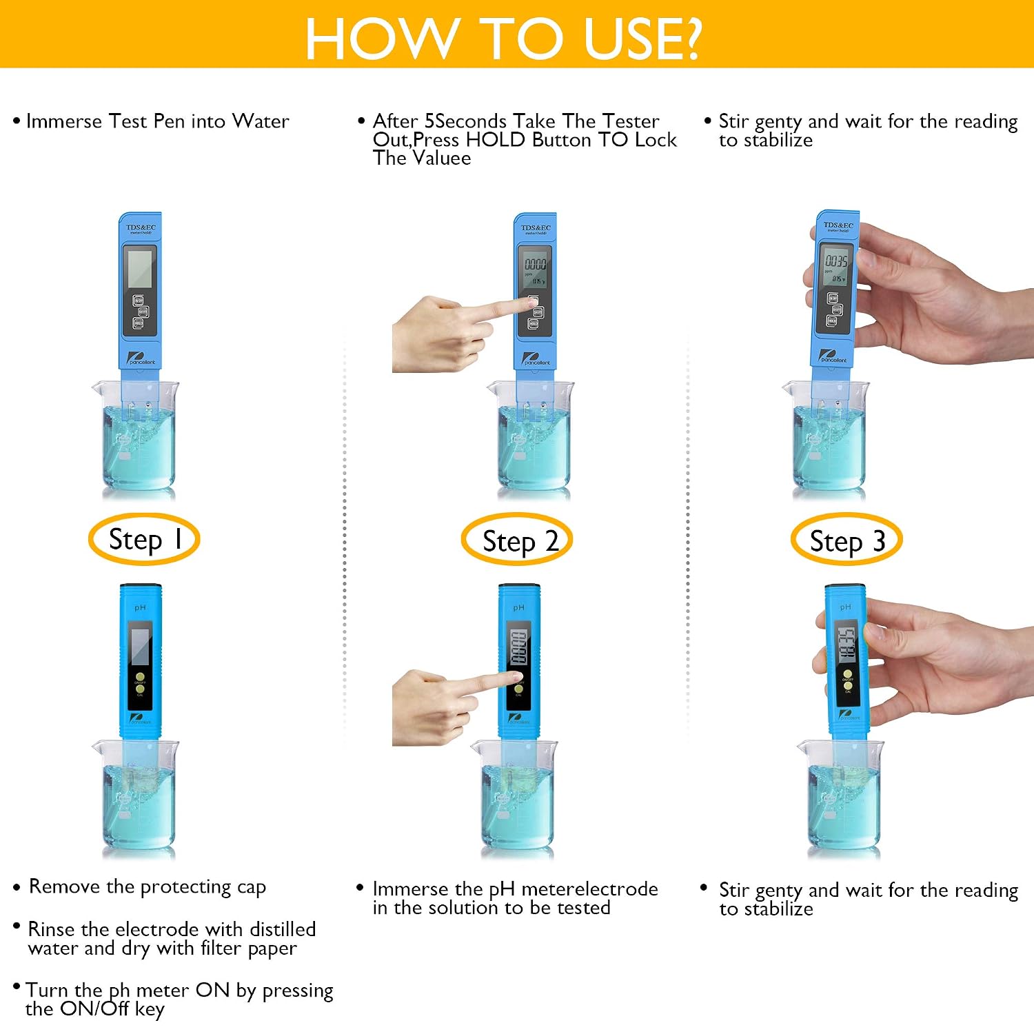 Detalle 2 de Pancellent 4 IN 1 BLAU BLAU watertestset voor pH, TDS, EC en temperatuur