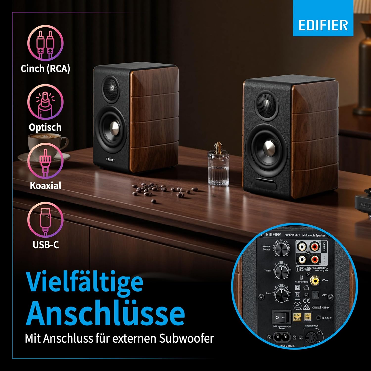 Thumbnail 4 de Edifier S880DBMKII aktive HiFi-Lautsprecher (Walnuss) mit LDAC, 88 W und Sub-Out