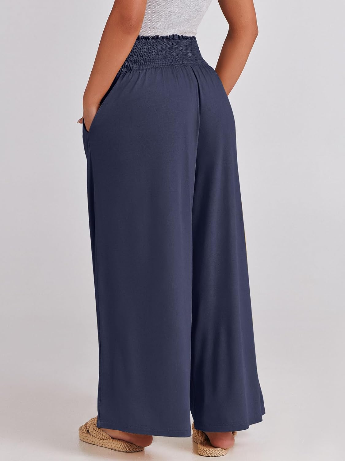 Detalle de ANRABESS Women Palazzo Pants: Smocked High-Waist, Wide-Leg Lounge Pant with Pockets