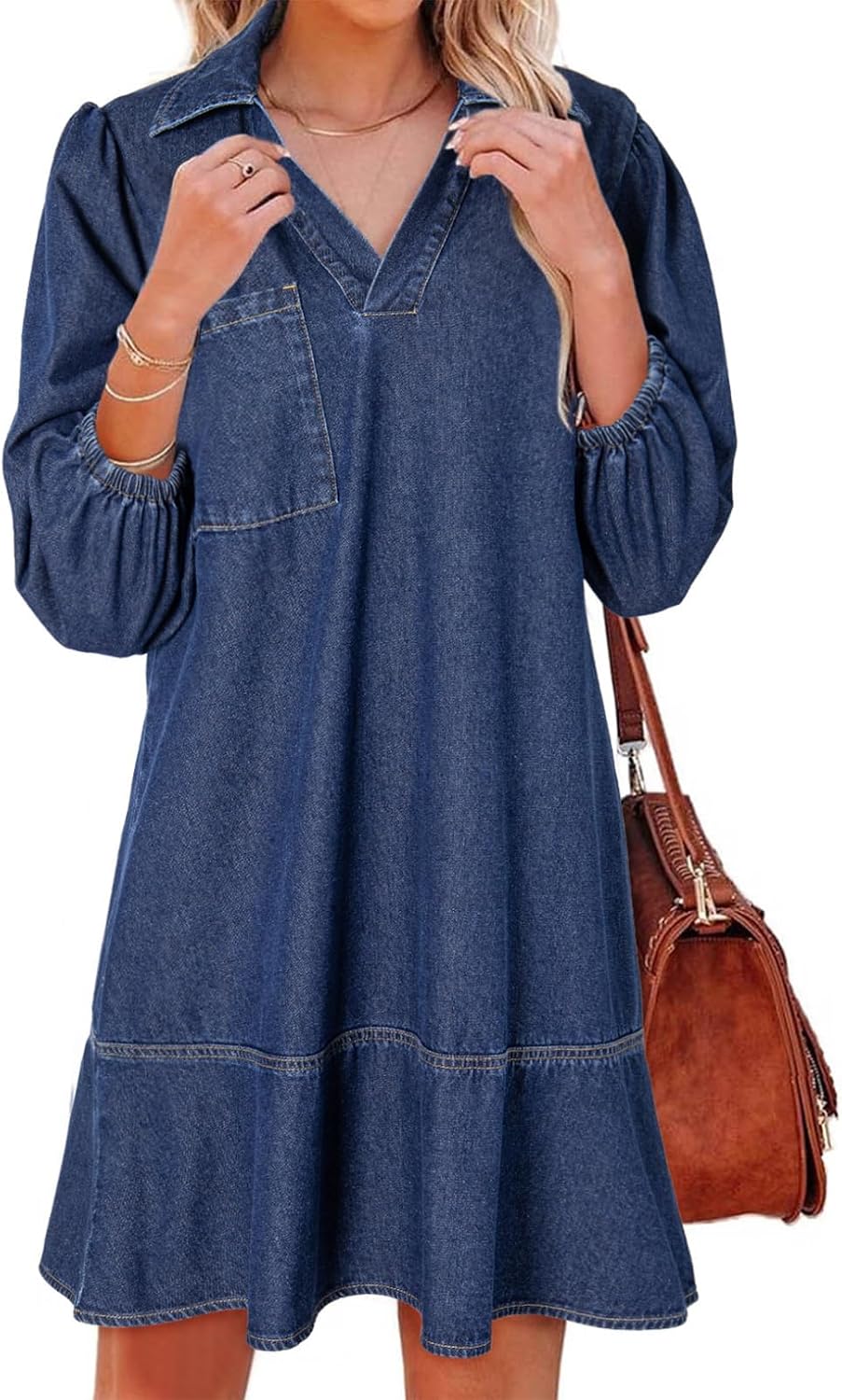 Detalle de Dokotoo Denim Dress V Neck 3/4 Puff Sleeve