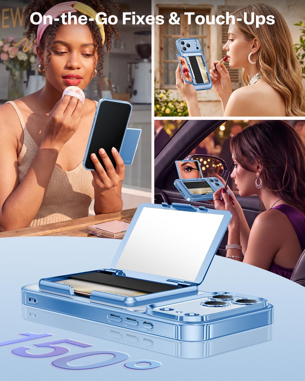 Detalle 2 de Meifigno iPhone 18 Pro Wallet Case with Mirror and Kickstand, Glacier Blue
