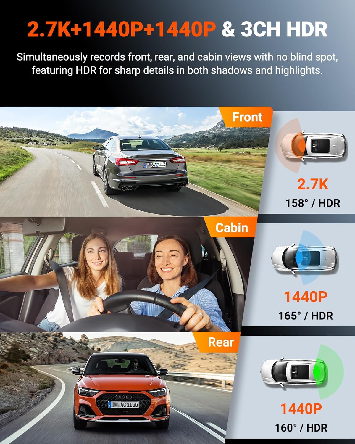 Thumbnail 1 de Vantrue N4S 3-Channel WiFi Dash Cam (STARVIS 2, PlatePix) with GPS, LTE support and 24/7 Parking Mode