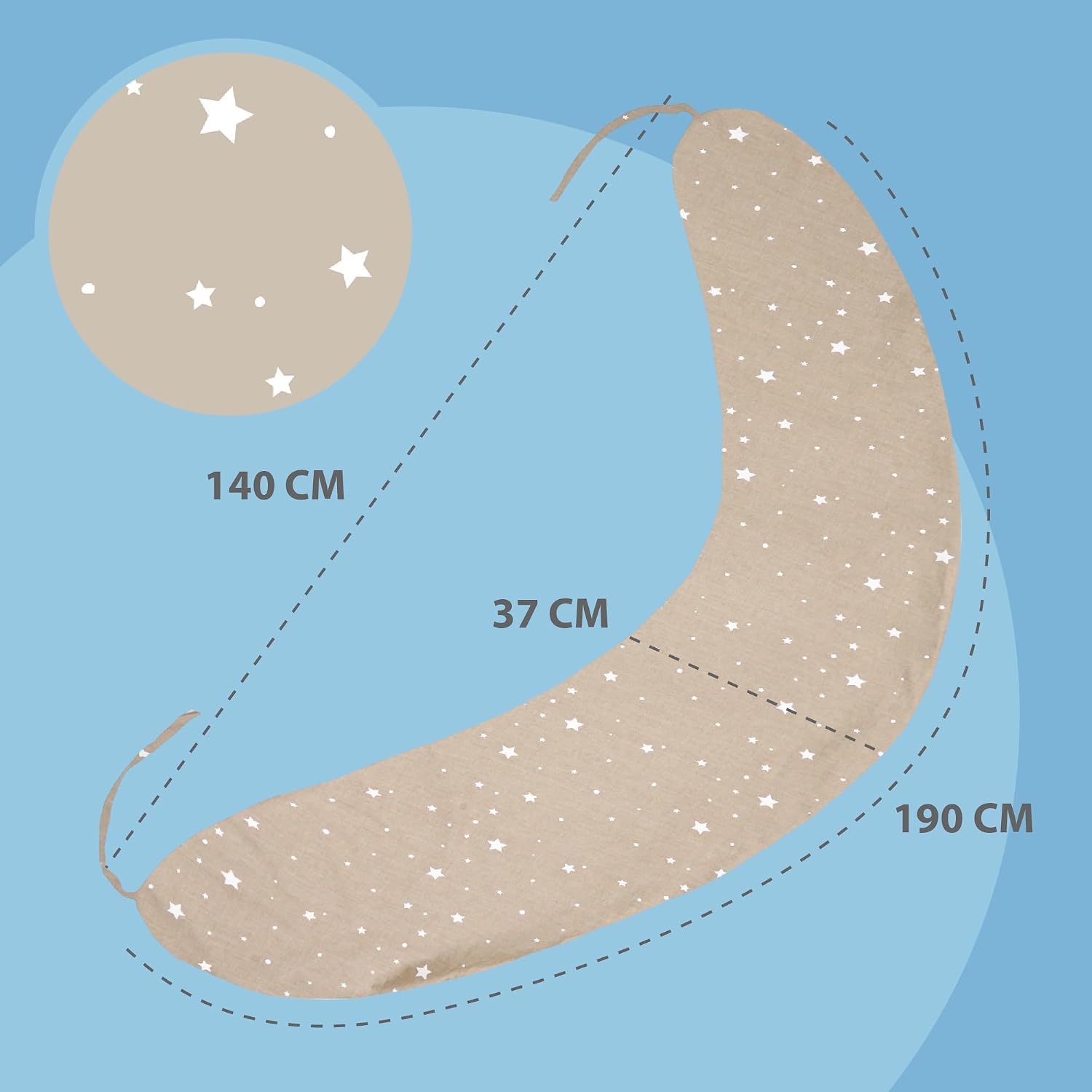 Detalle de Cuscino di sostegno 190 cm – posizionamento per adulti, beige con stelle bianche, fodera sfoderabile OEKO-TEX