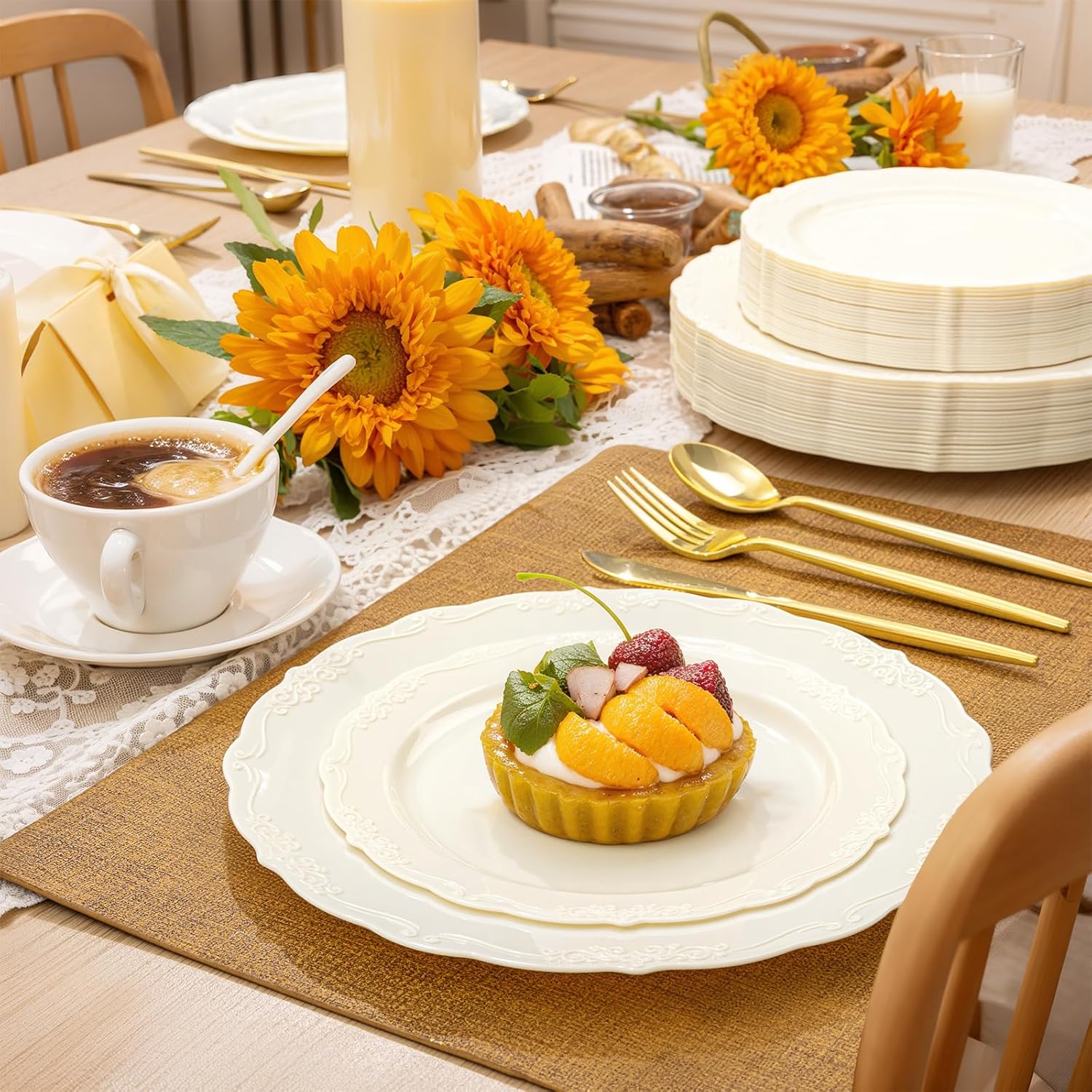 Thumbnail 2 de U-QE 100 Pieces Ivory Plastic Plates for Party – Heavy Duty Disposable Dinner & Dessert Plates (50 x 10" + 50 x 7.5")