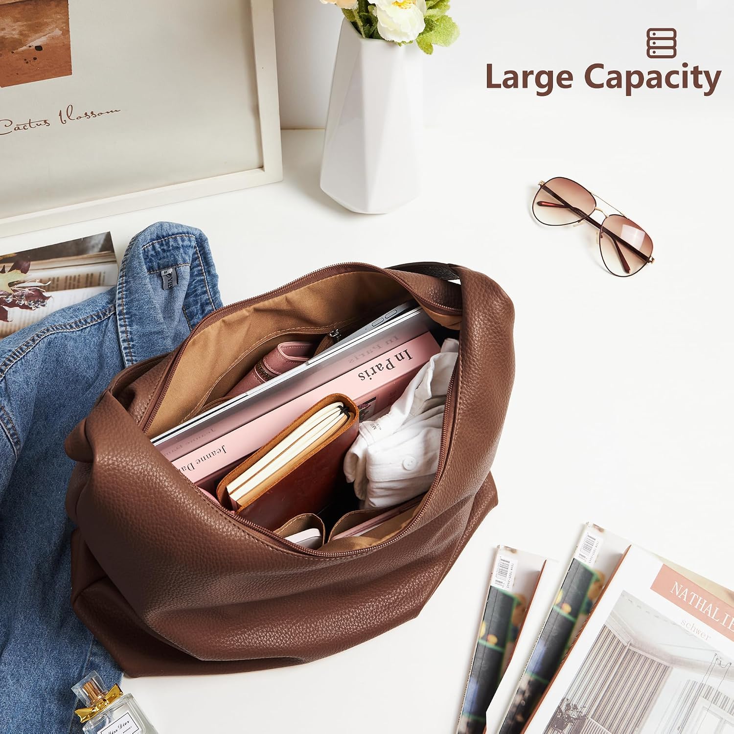 Thumbnail 4 de KALIDI vintage vegan leather tote bag for women – large zipped hobo work & travel shoulder bag
