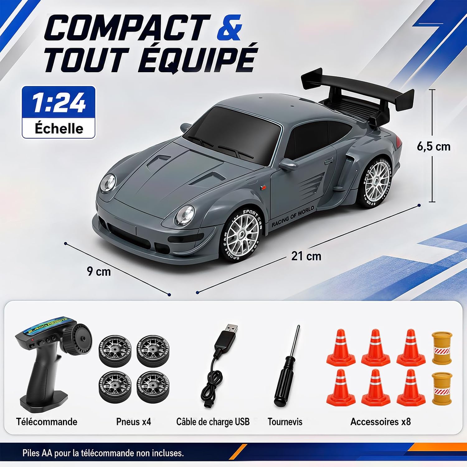 Detalle 2 de YESHIN US020-7M RC-driftauto 1:24 met 4WD, ledverlichting en 2 banden sets
