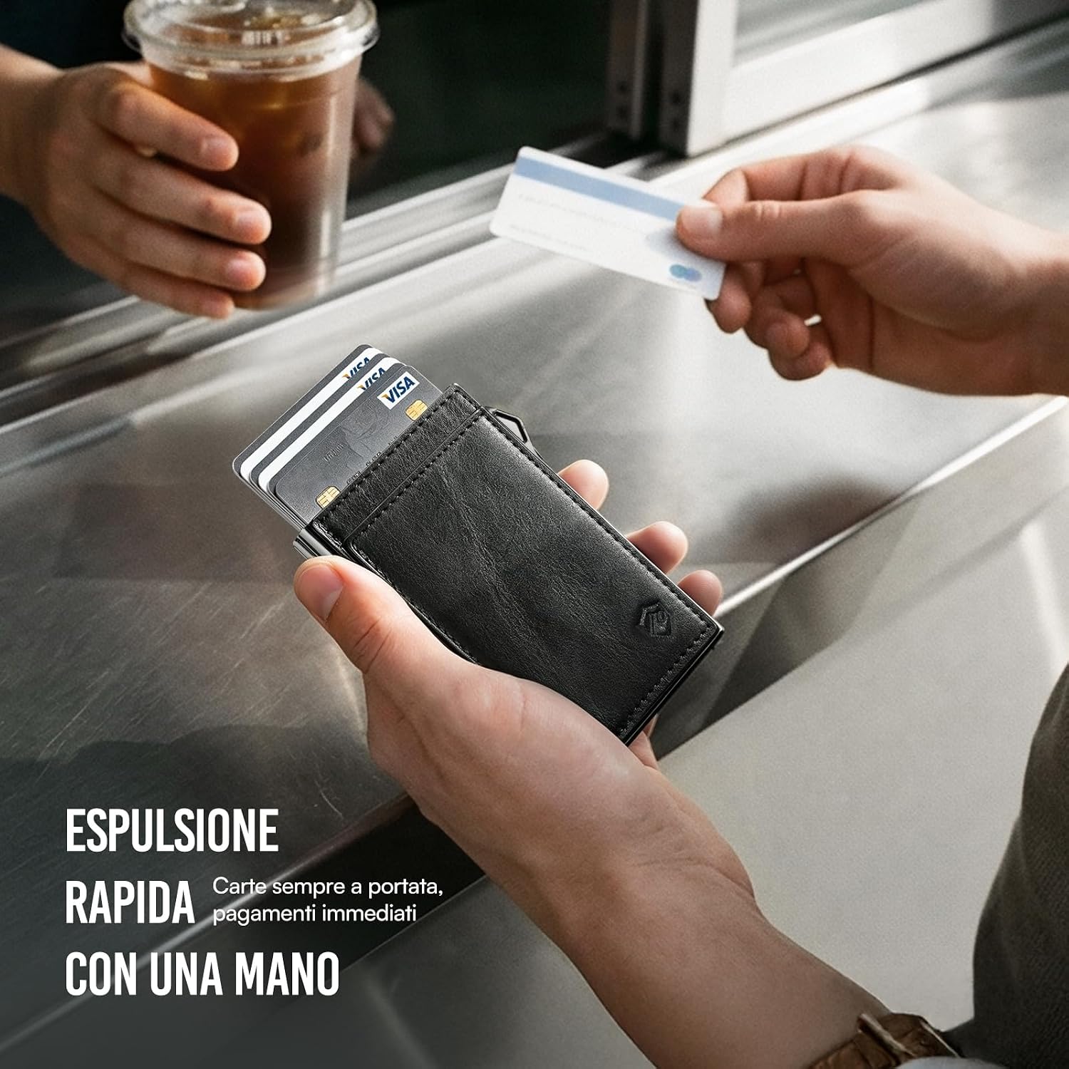 Thumbnail 4 de YESIIW Porta Carte Uomo Bauhaus – Ultra Slim Pop up, Alluminio con Pelle Vintage, RFID, Nero