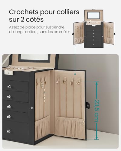 Detalle de SONGMICS Boîte à Bijoux 6 Niveaux JBC152B01 – Écrin avec Miroir, 4 Rangées de Crochets et Verrouillage