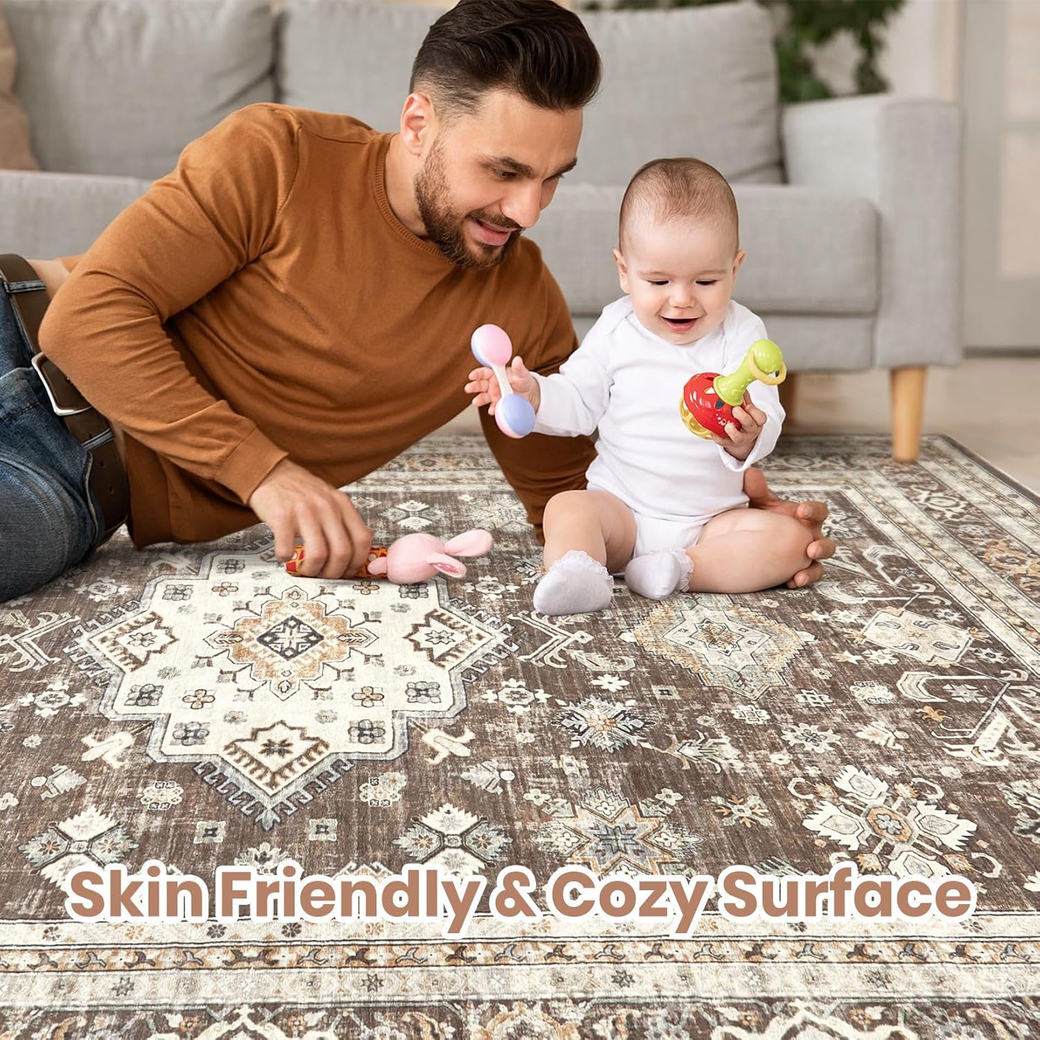 Thumbnail 4 de Vintage Living Room Area Rug 9x12 in Dark Brown (Traditional, Washable) for Bedroom, Office & More