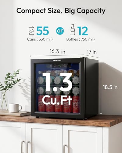 Detalle 2 de EUHOMY Drinks Fridge: Glass-Door Beer and Wine Cooler 55 Cans, 36L, 4–16°C