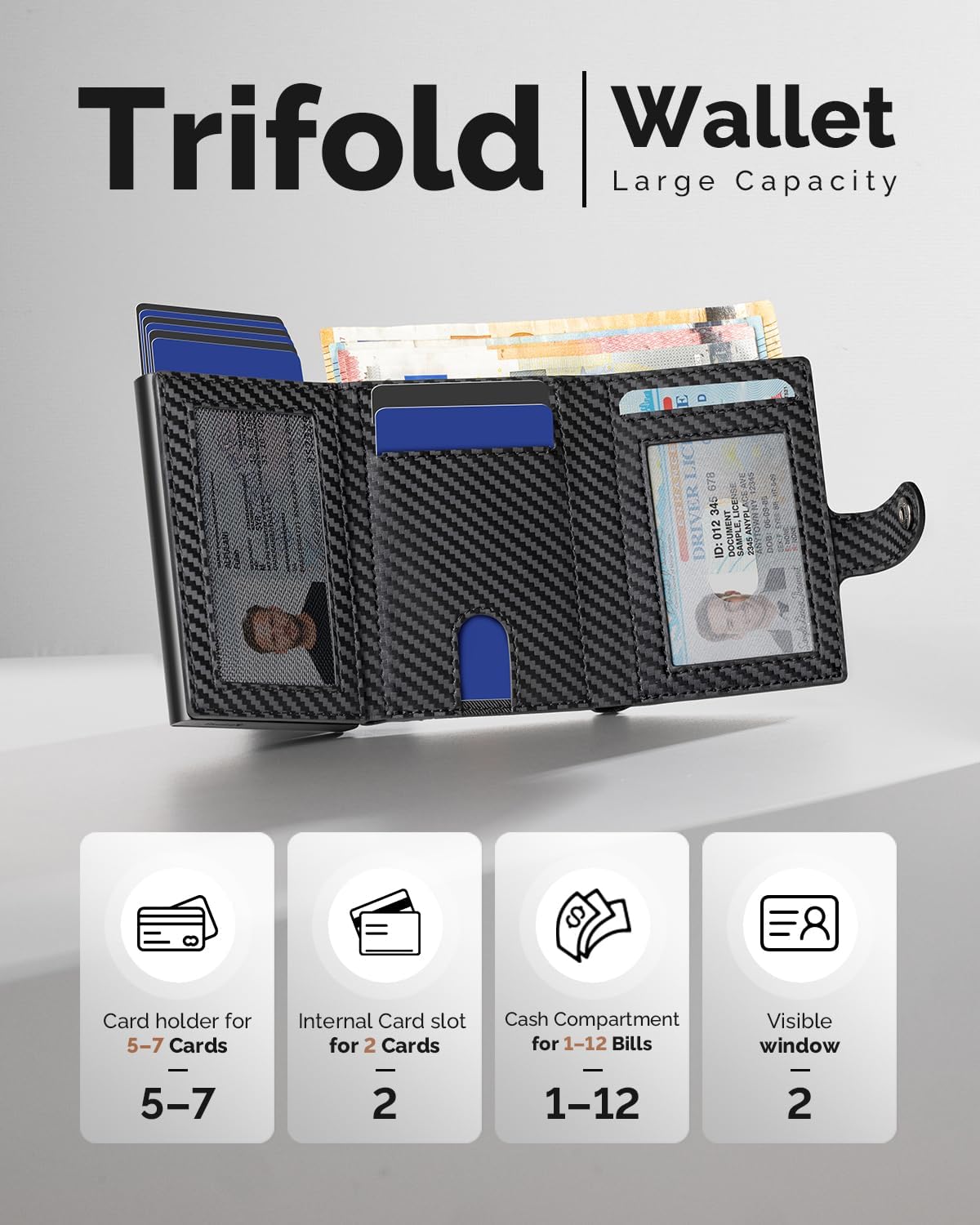 Detalle de YESIIW Pop-up RFID leather trifold wallet, 9 cards 👛