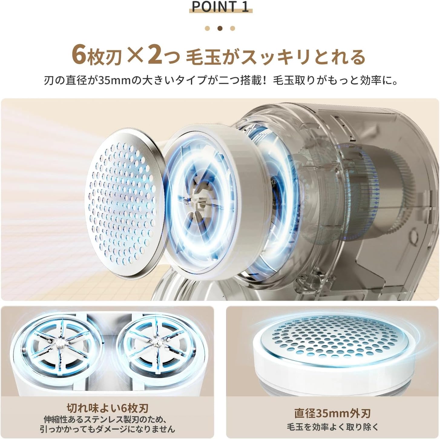 Detalle 2 de 命の恵み MQ02 USB充電式電動毛玉取り器 ダブルモーター・6枚刃・約60分連続使用 グレー