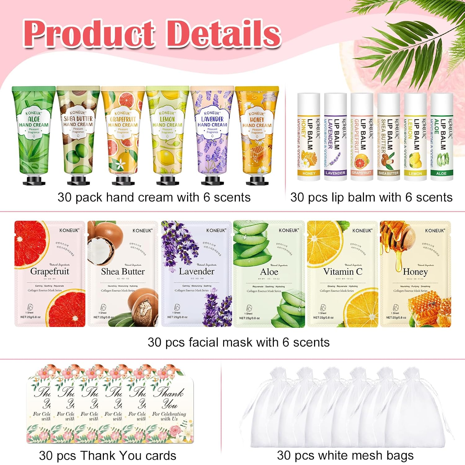 Detalle 2 de KONEUK 30-Pack Bulk Facial Mask, Hand Cream & Lip Balm Sets for Easter Baskets, Teachers, Nurses & More