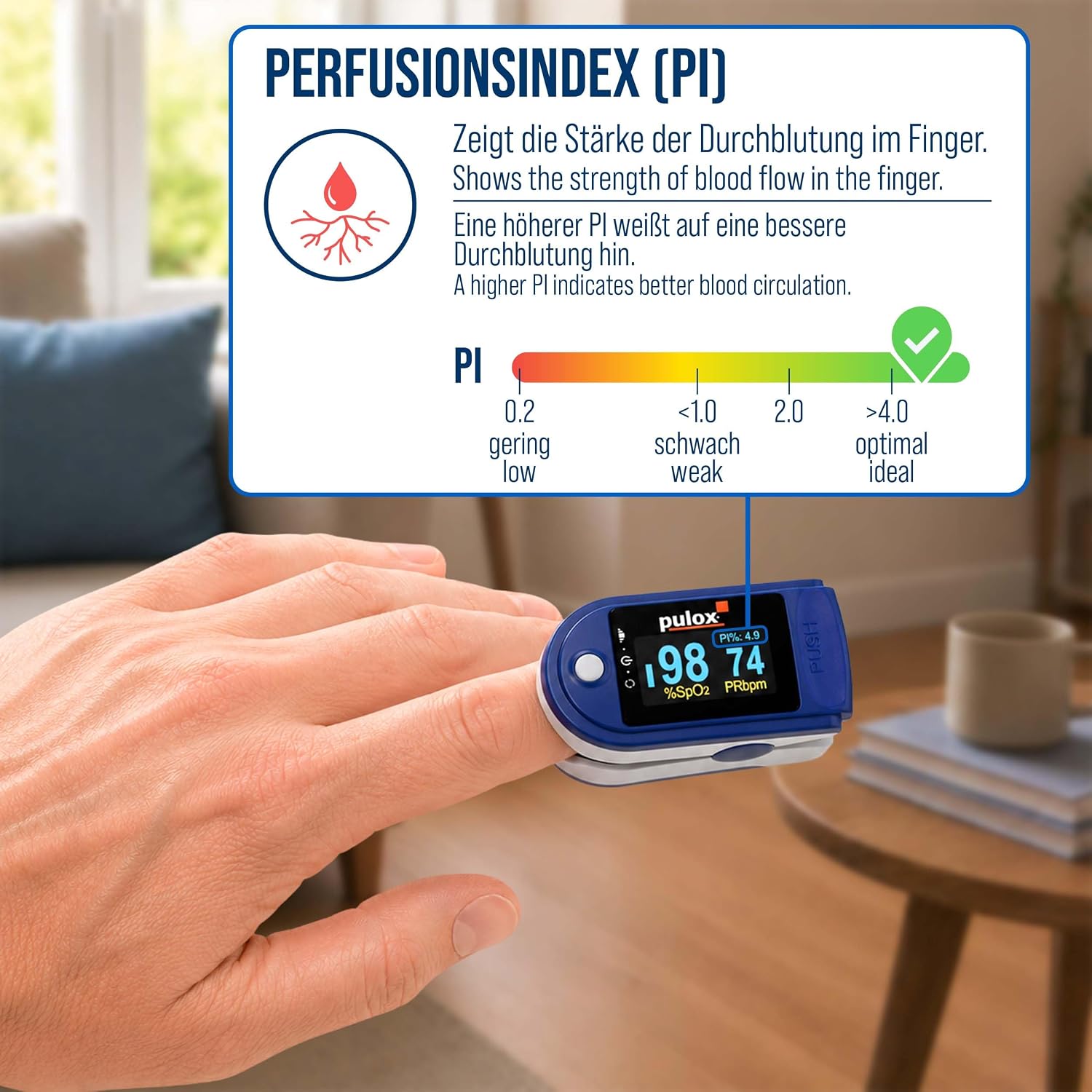 Detalle 2 de Pulox PO-200 Solo Pulsoximeter Blau – zuverlässige Messung von SpO2, Puls und PI