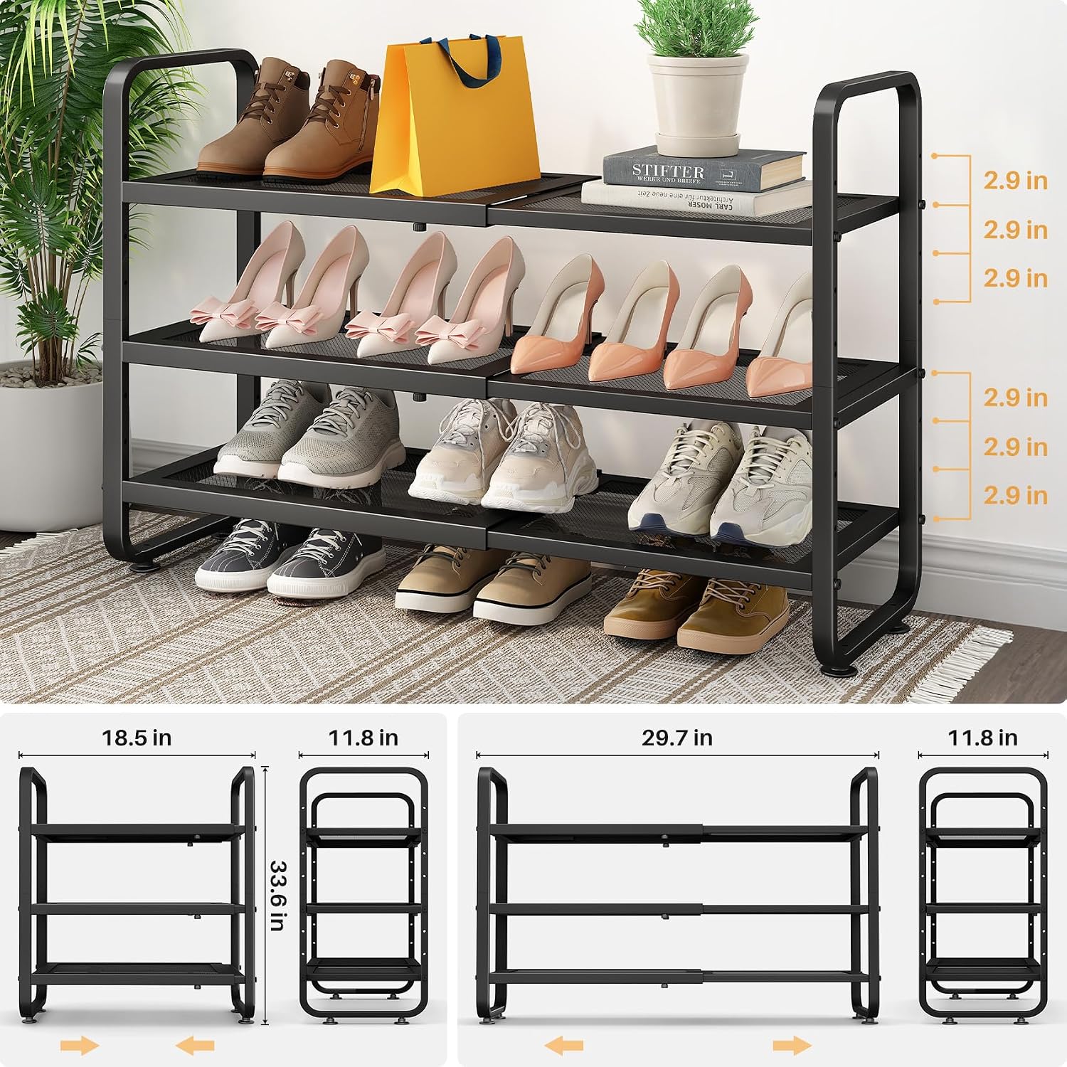 Detalle de SNTD SN-NM-SR-BK-3T-HXJ Expandable Metal Shoe Rack, 3-Tier, Black Mesh