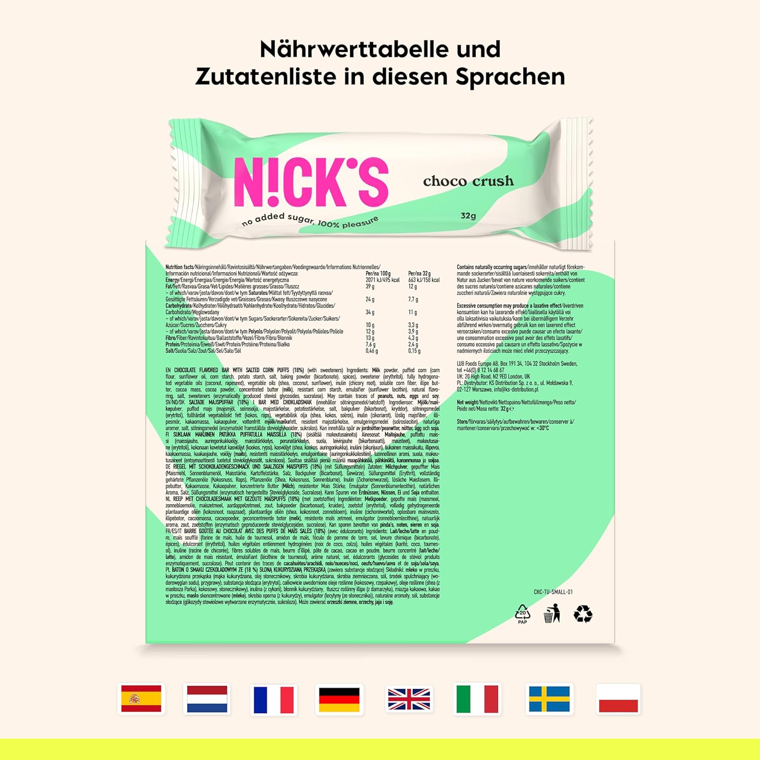Thumbnail 5 de NICKS Choco Crush Snack Riegel (15x32 g) mit gesalzenen Maispuffern – ohne Zuckerzusatz, glutenfrei, kohlenhydratarm