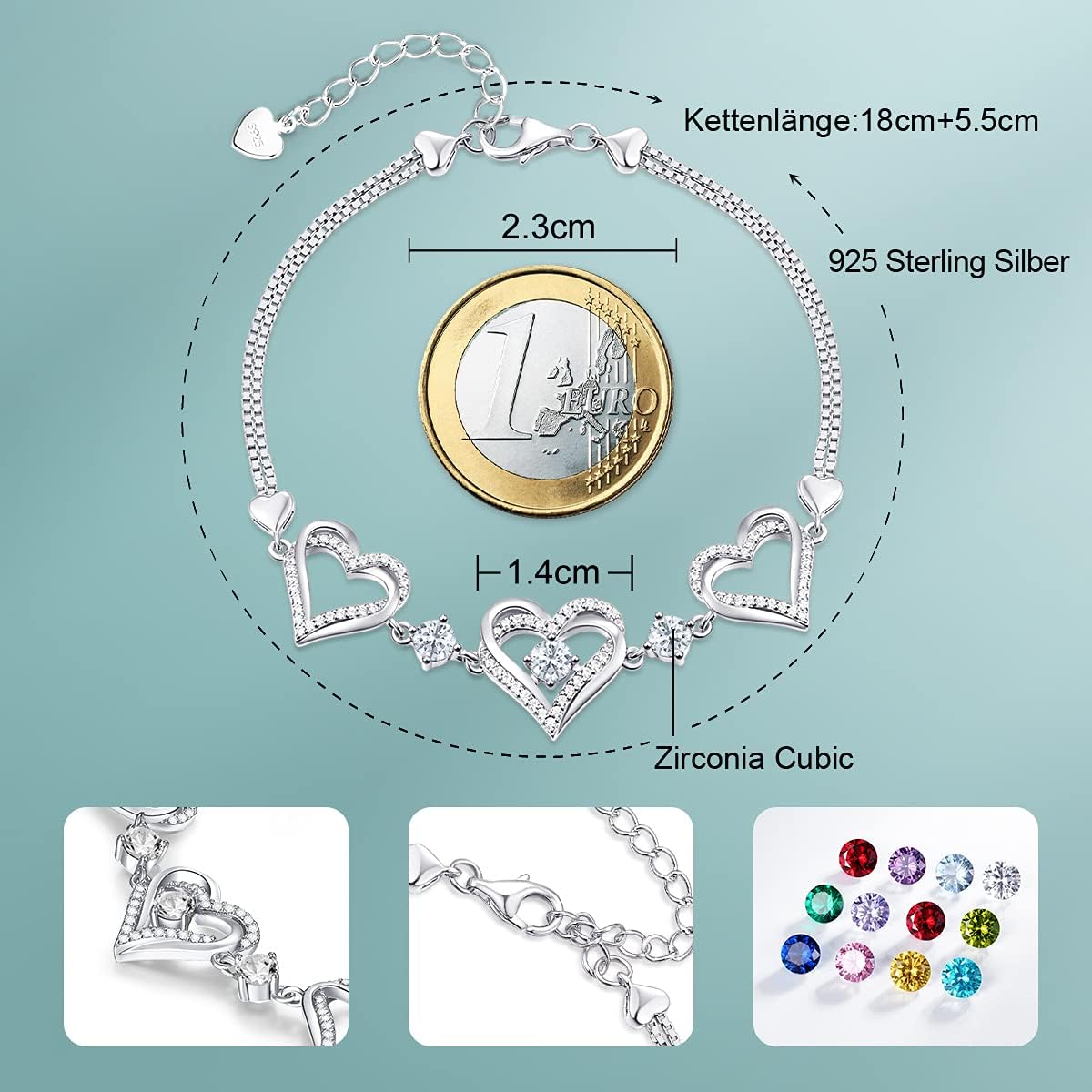 Detalle 2 de CDE Armband 925 Sterling Silber Herz 12 Geburtssteine đź’Ť